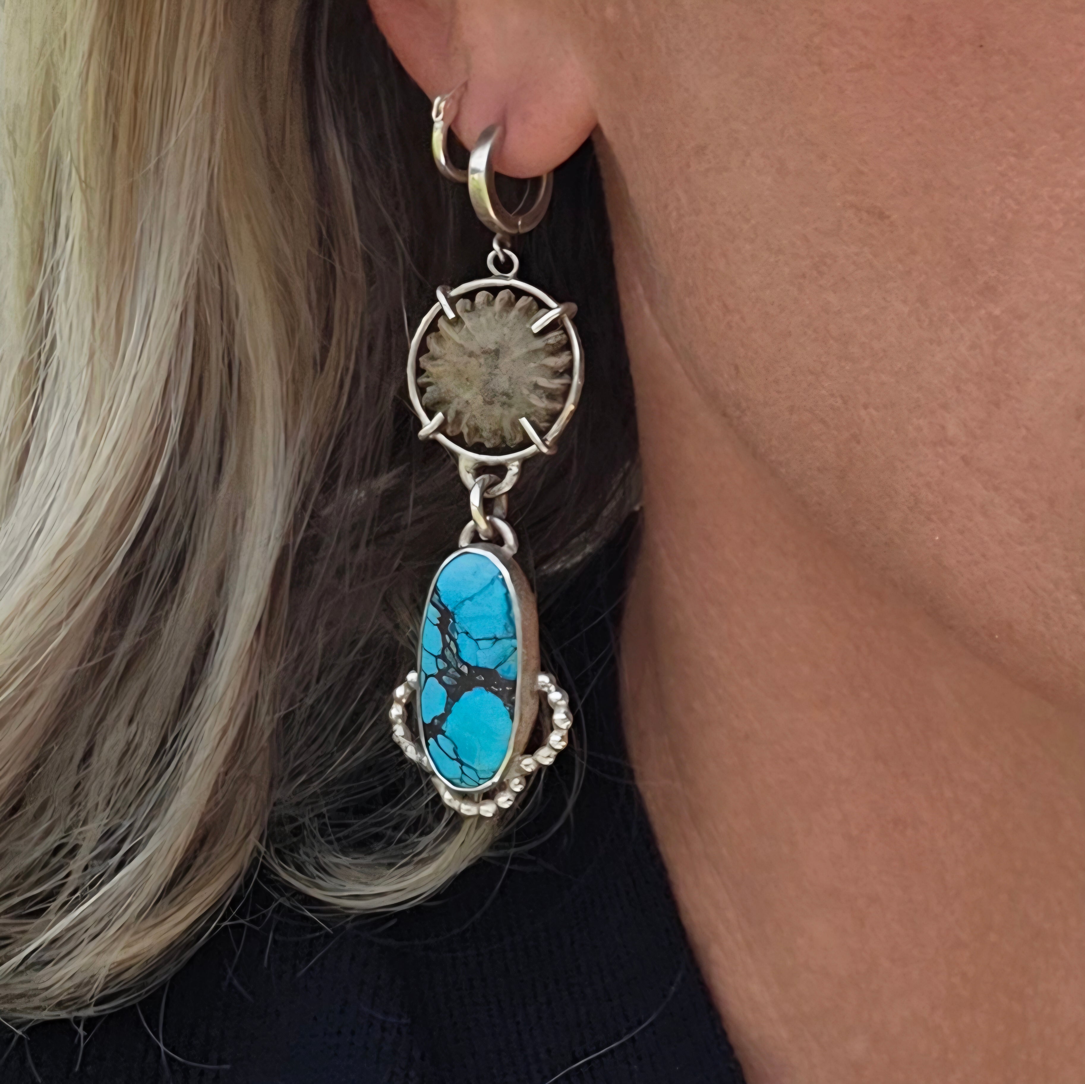Turquoise and Fossil Sterling Dangle Earrings