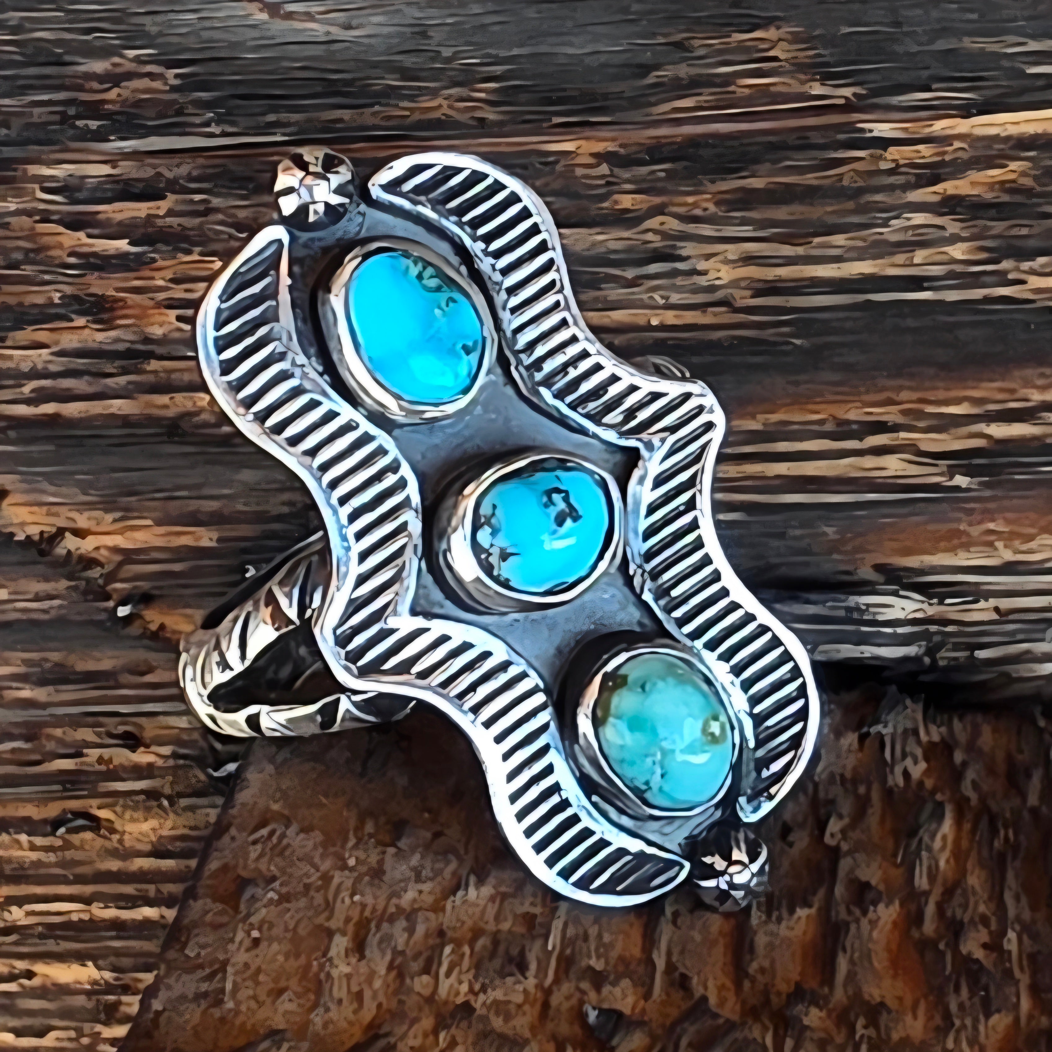 Stepping Stones Ring.     3-Stone Turquoise Nugget and Stamped Sterling Ring Sz 7.5
