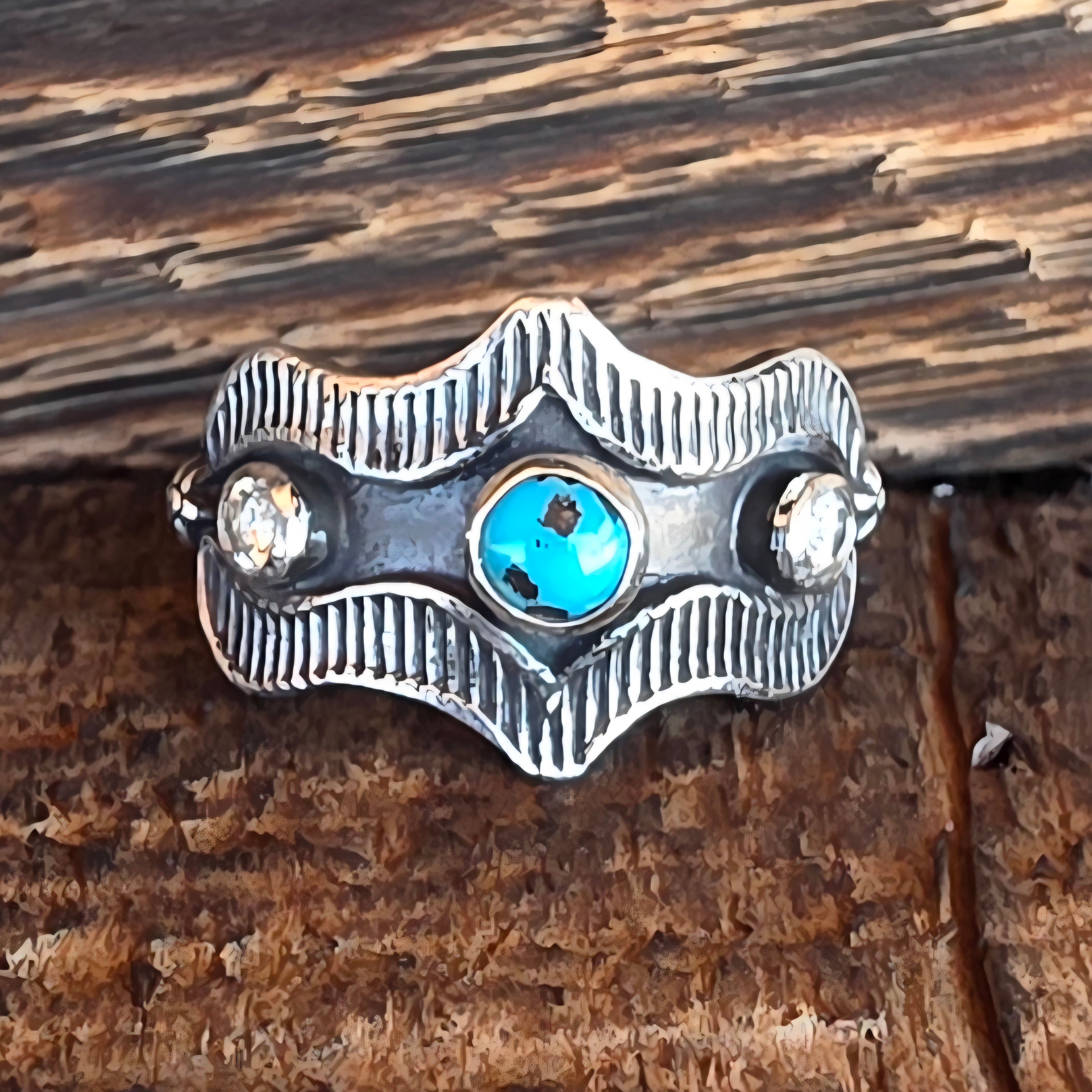 Turquoise Nugget, Diamond  and Stamped Sterling Ring Sz. 7.75
