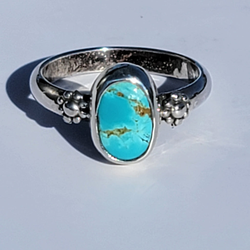 Sz. 9 Royston Turquoise and Stamped Details Sterling Ring