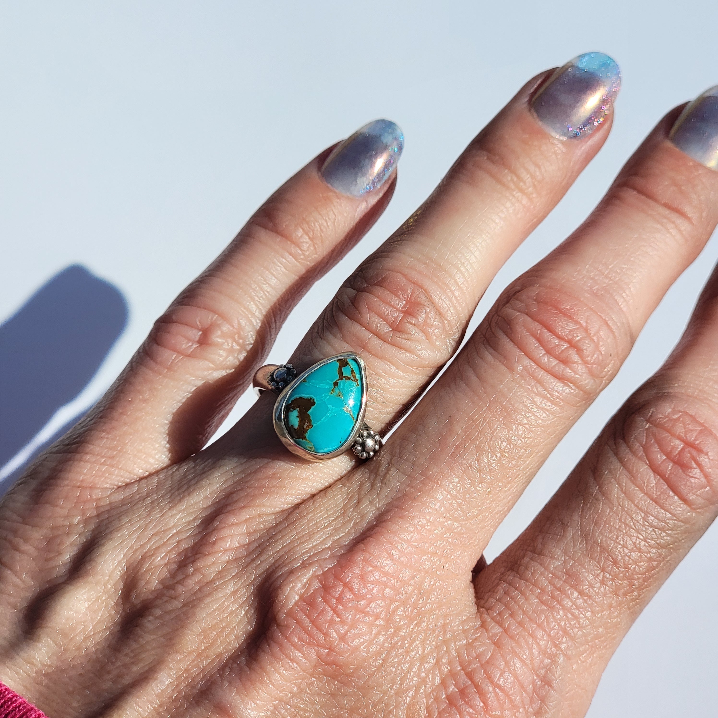 Sz. 6.5 Royston Turquoise and Stamped Details Sterling Ring