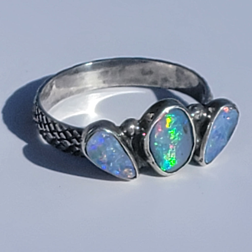 Sz 10.25 Australian Opal Triple Stone Crown Ring
