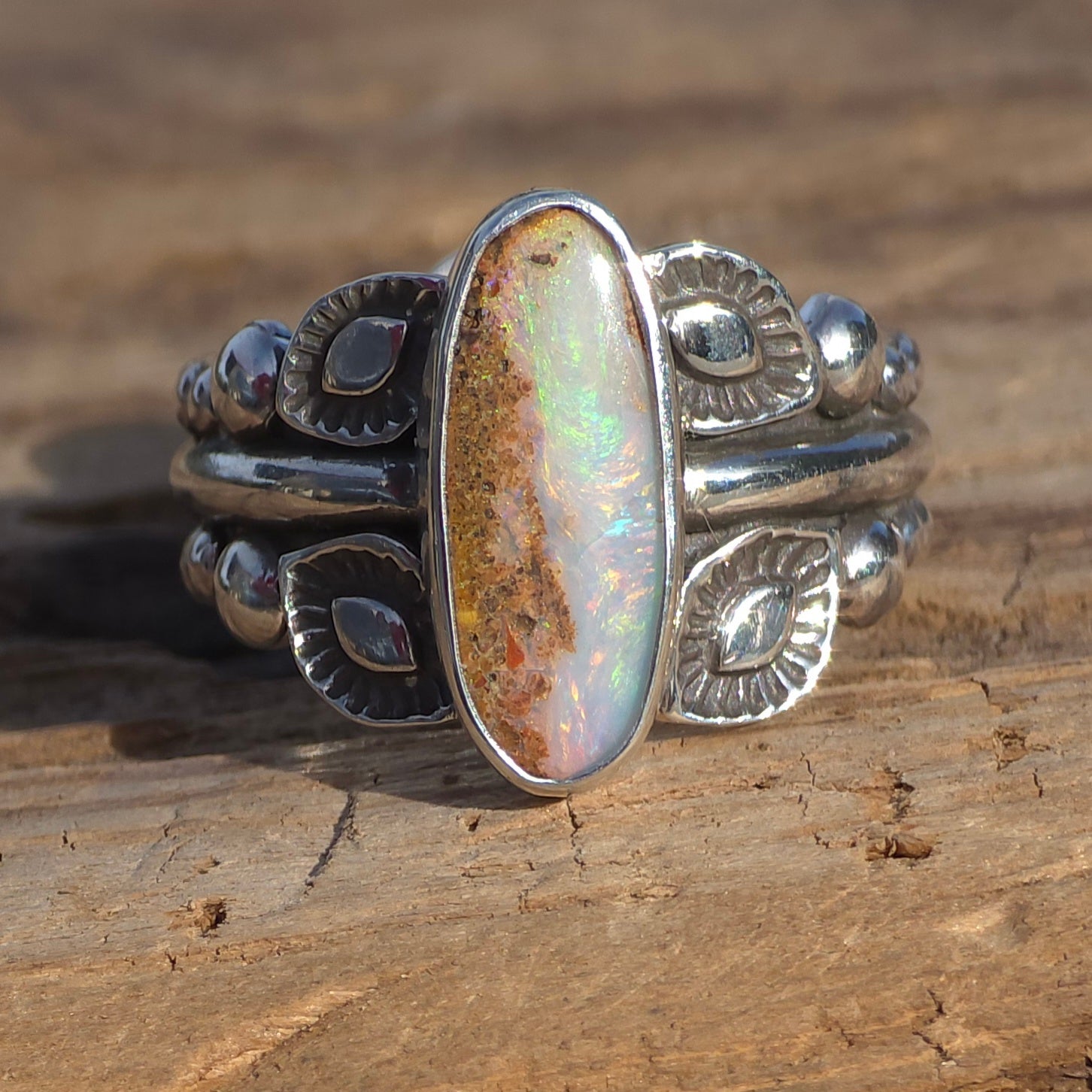 Sz. 7.5 Australian Opal Ring with Unique Handmade Stamped Band