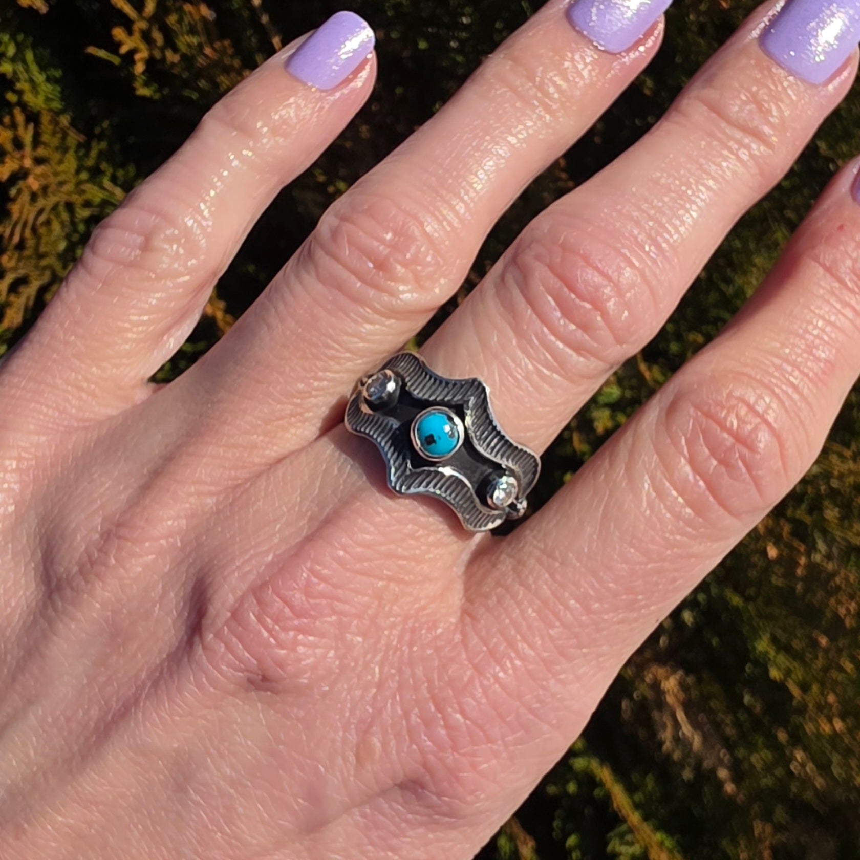 Turquoise Nugget, Diamond  and Stamped Sterling Ring Sz. 7.75