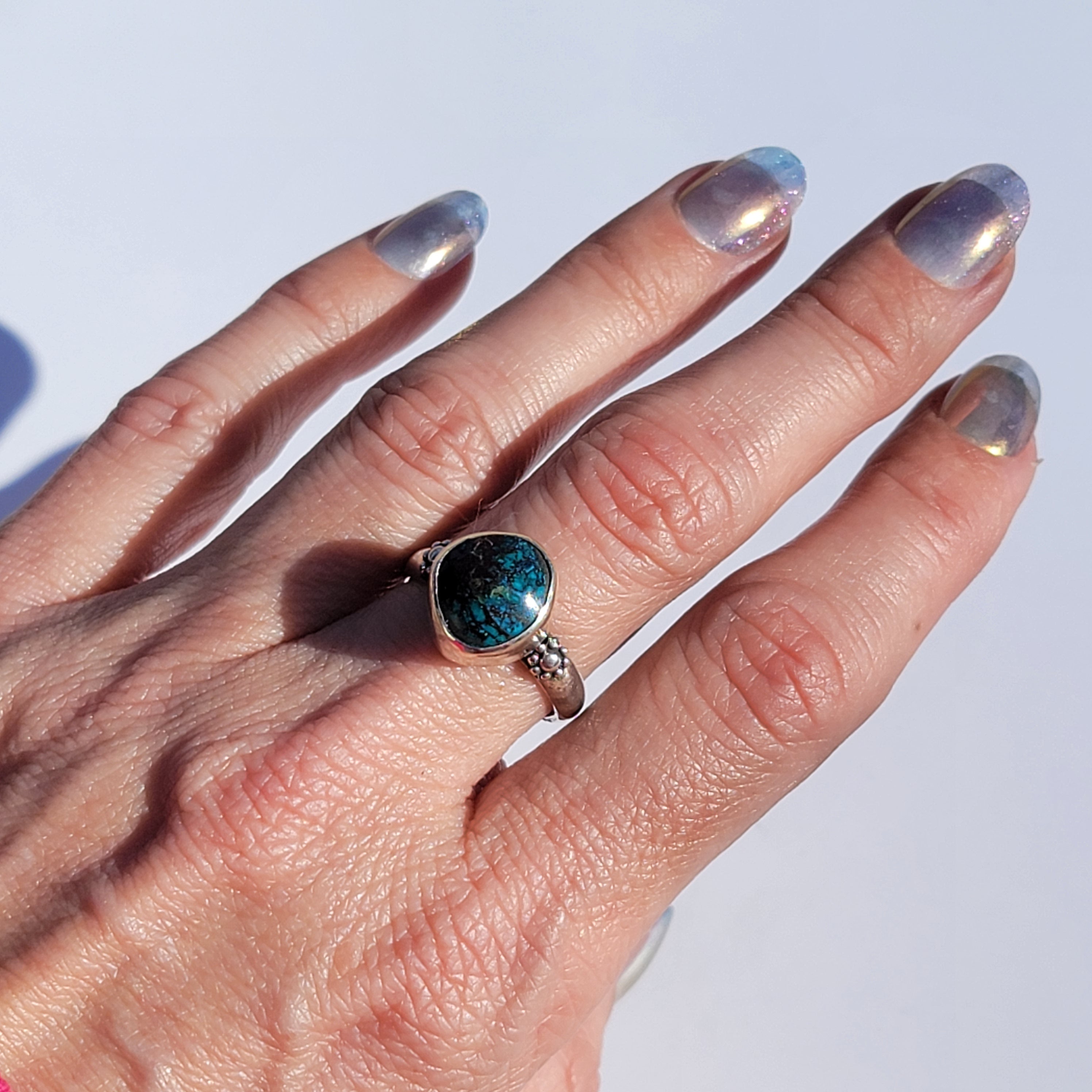 Sz. 8.75 Bisbee Turquoise and Stamped Details Sterling Ring