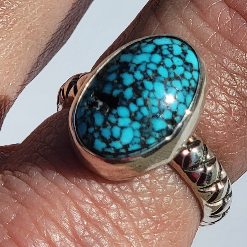 Sz. 7  Kingman Black Web Turquoise and Stamped Details Sterling Ring
