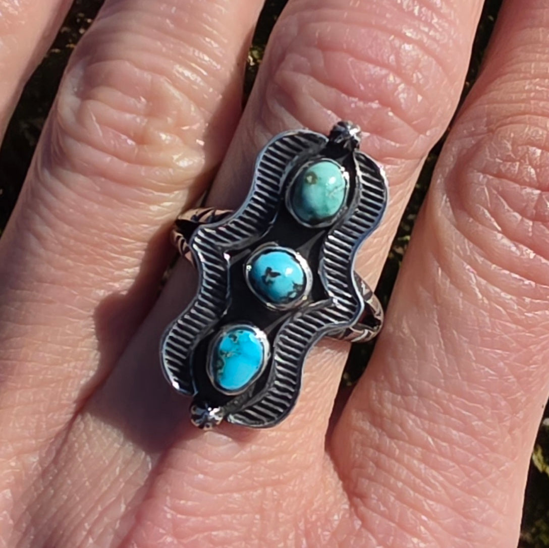 Stepping Stones Ring.     3-Stone Turquoise Nugget and Stamped Sterling Ring Sz 7.5