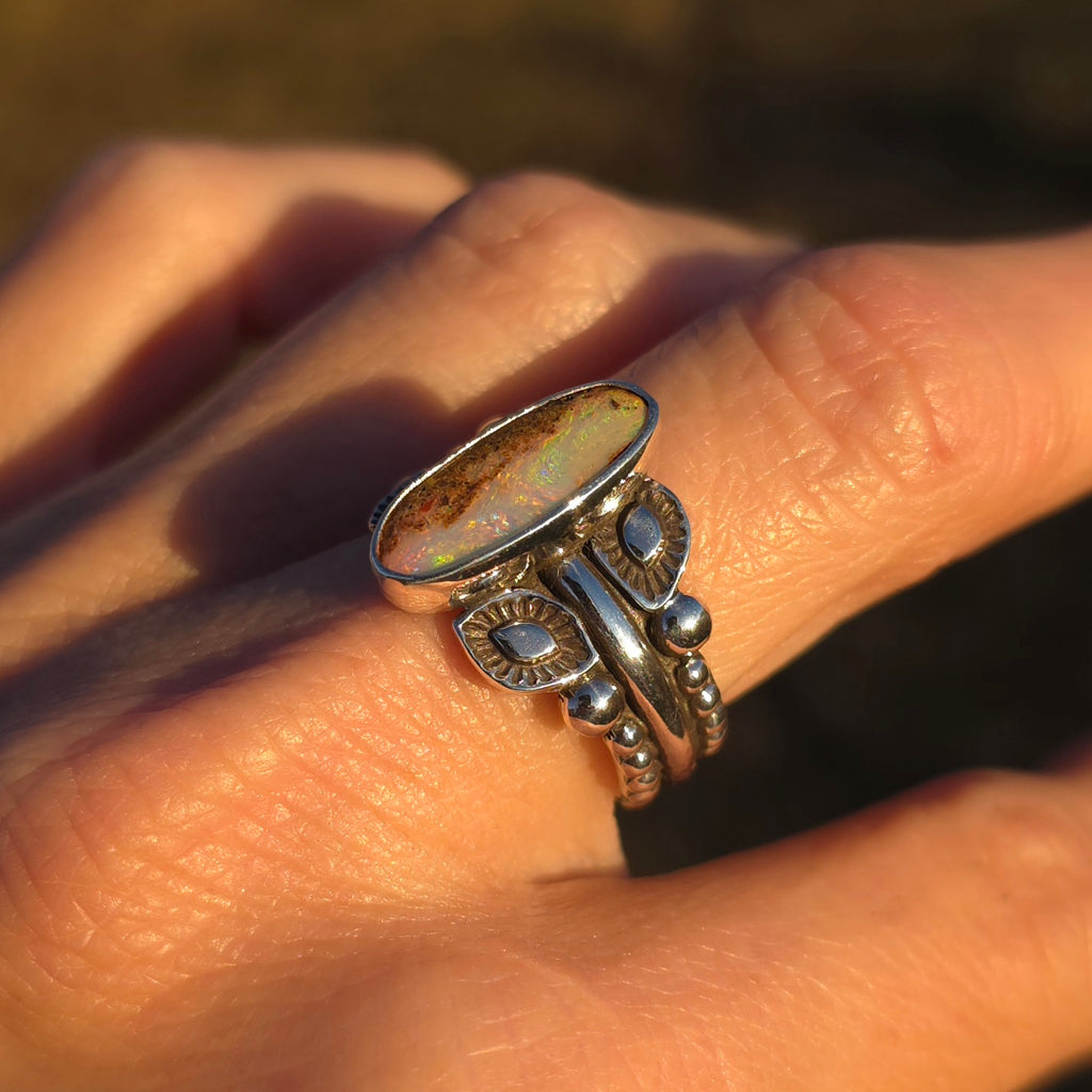 Sz. 7.5 Australian Opal Ring with Unique Handmade Stamped Band