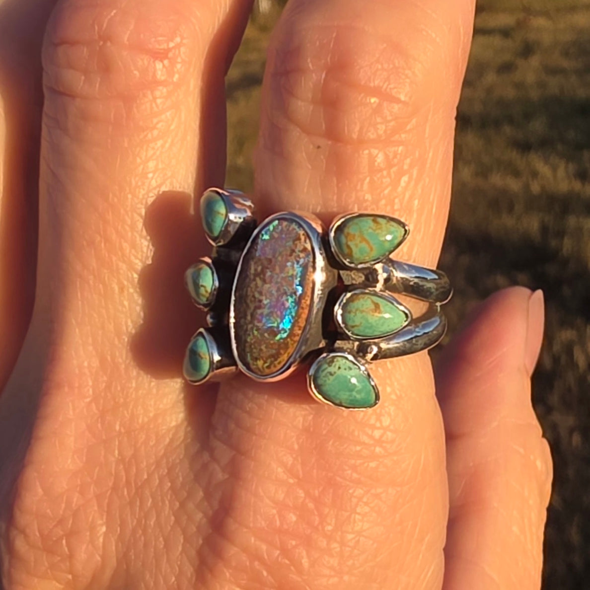 Sz. 7.5 Australian Opal and Royston Turquoise Ring