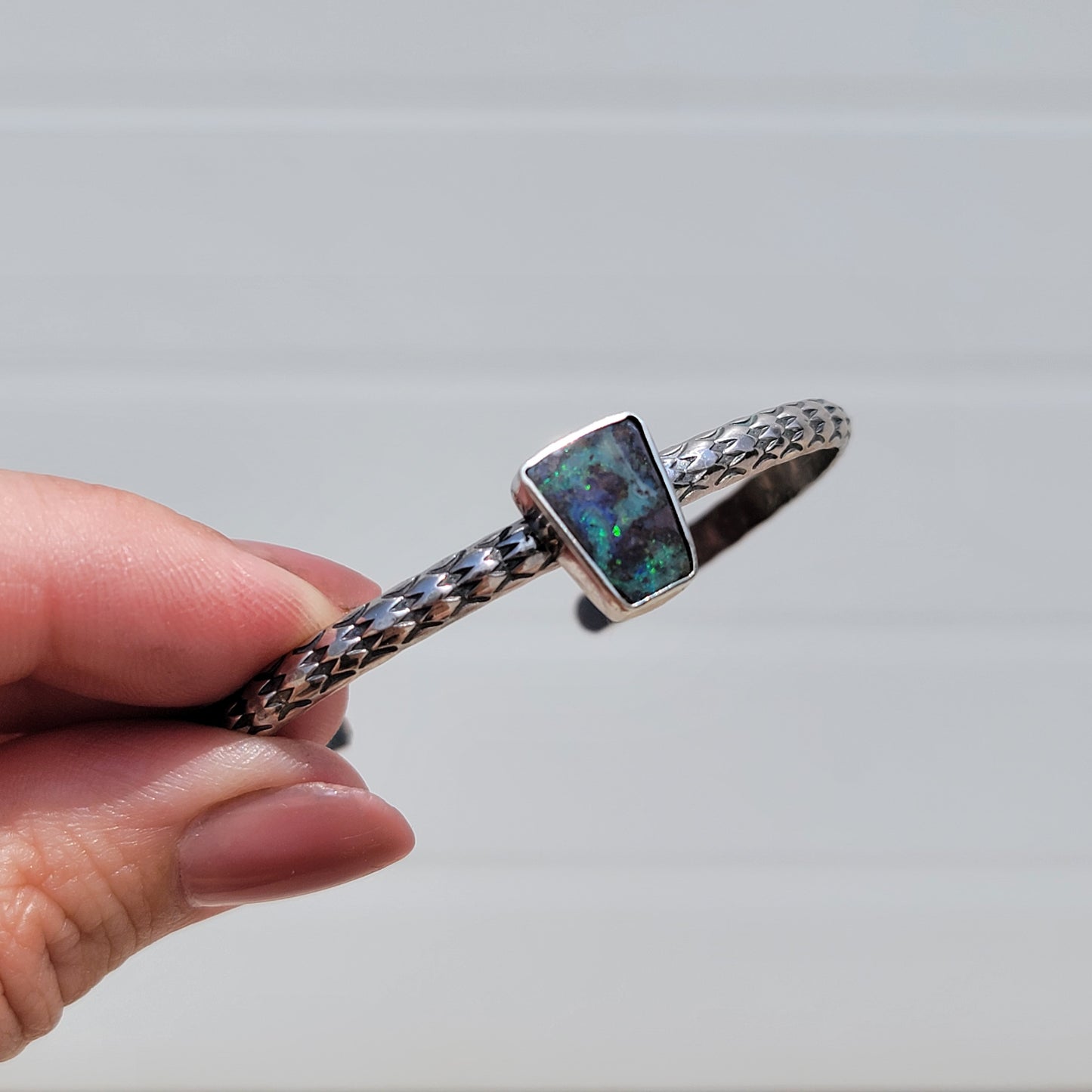 Australian Boulder Opal Stamped Sterling Cuff