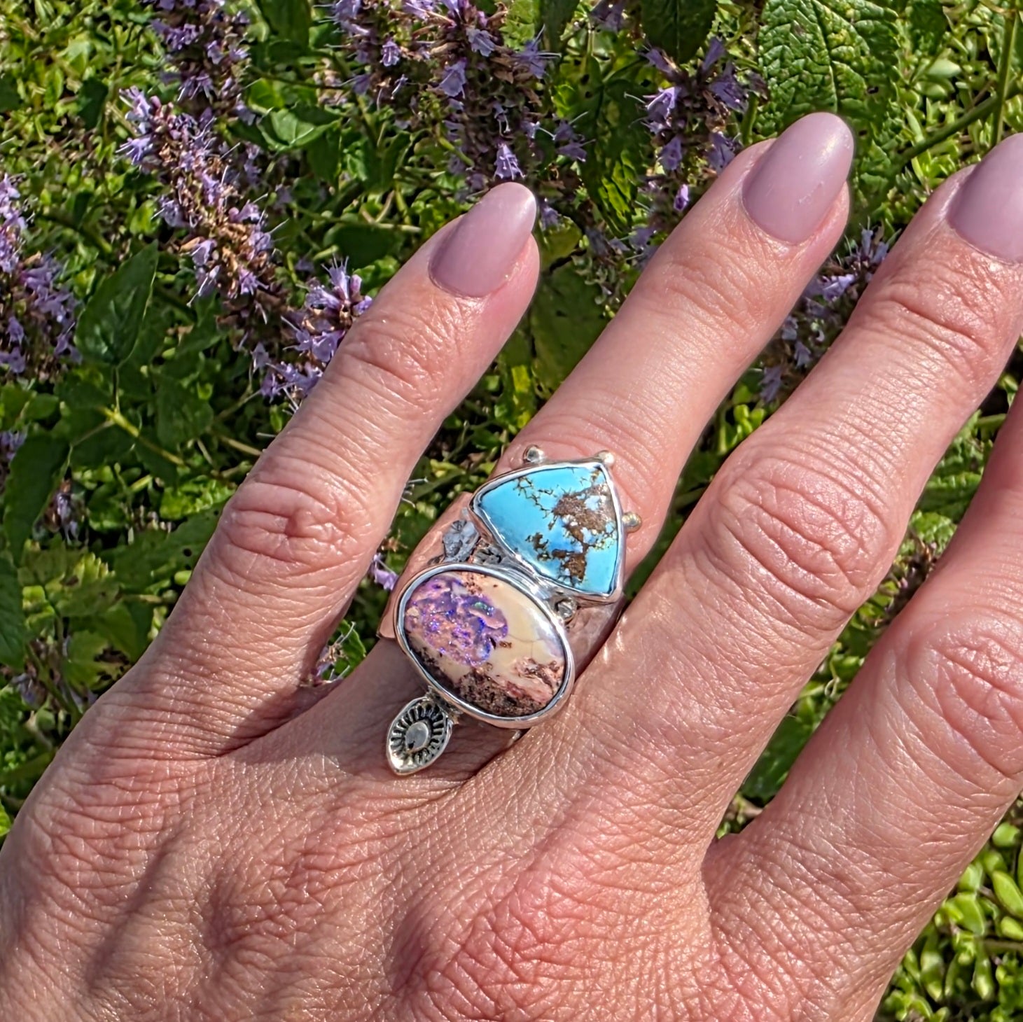 Sz. 6 Australian Boulder Opal and Golden Hills Turquoise Ring