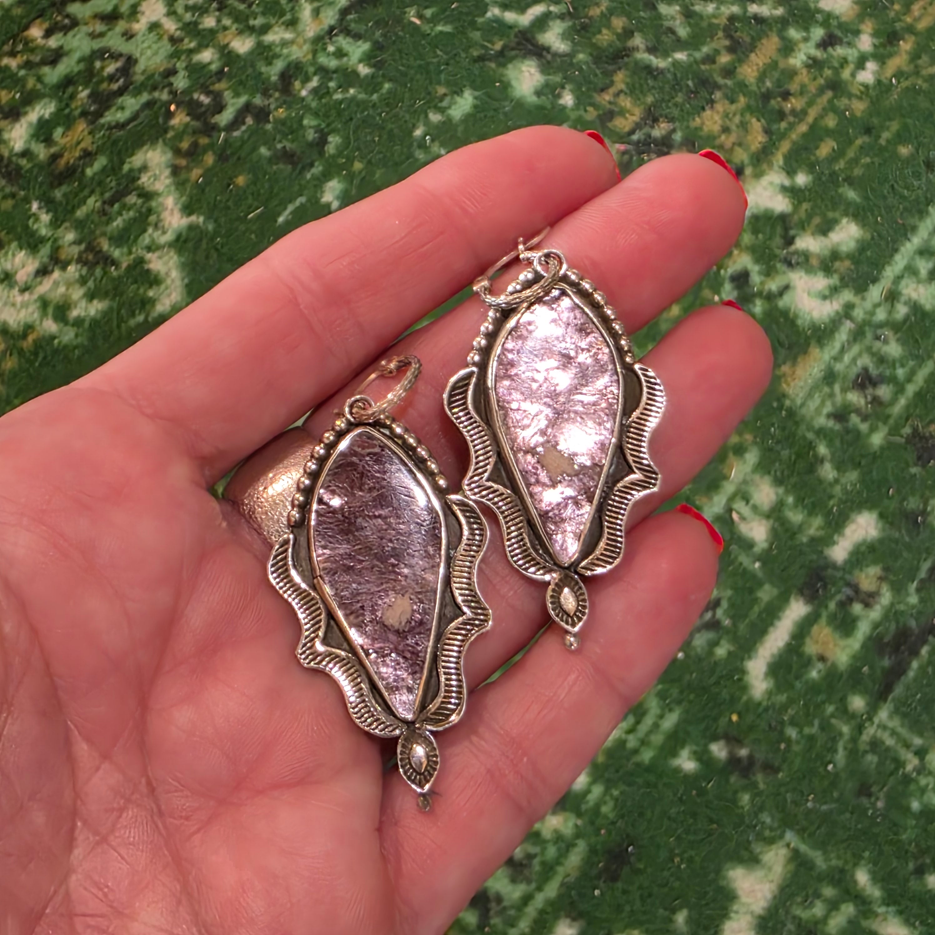 Lepidolite and Stamped Sterling Earrings