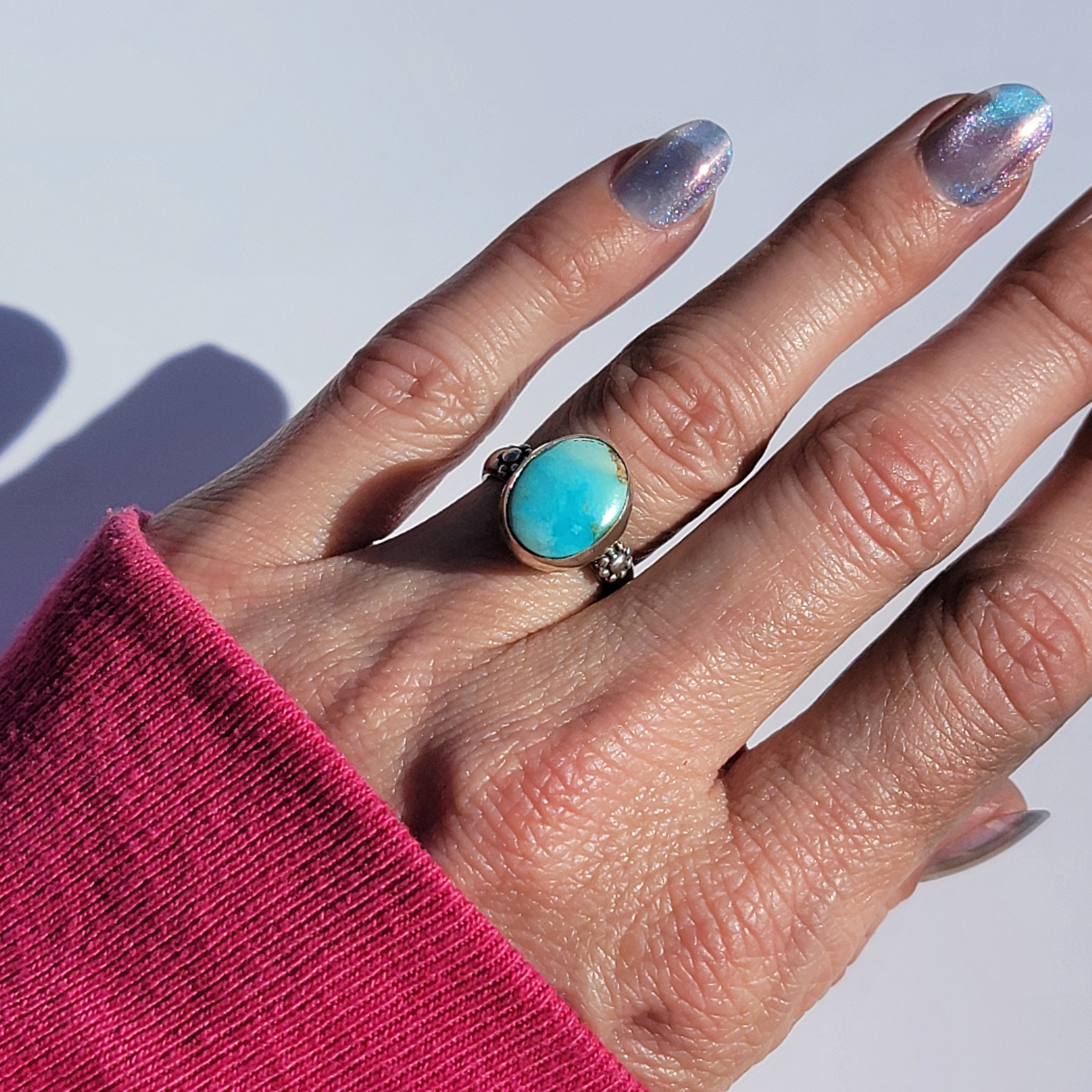 Sz. 5.25  Royston Turquoise and Stamped Details Sterling Ring