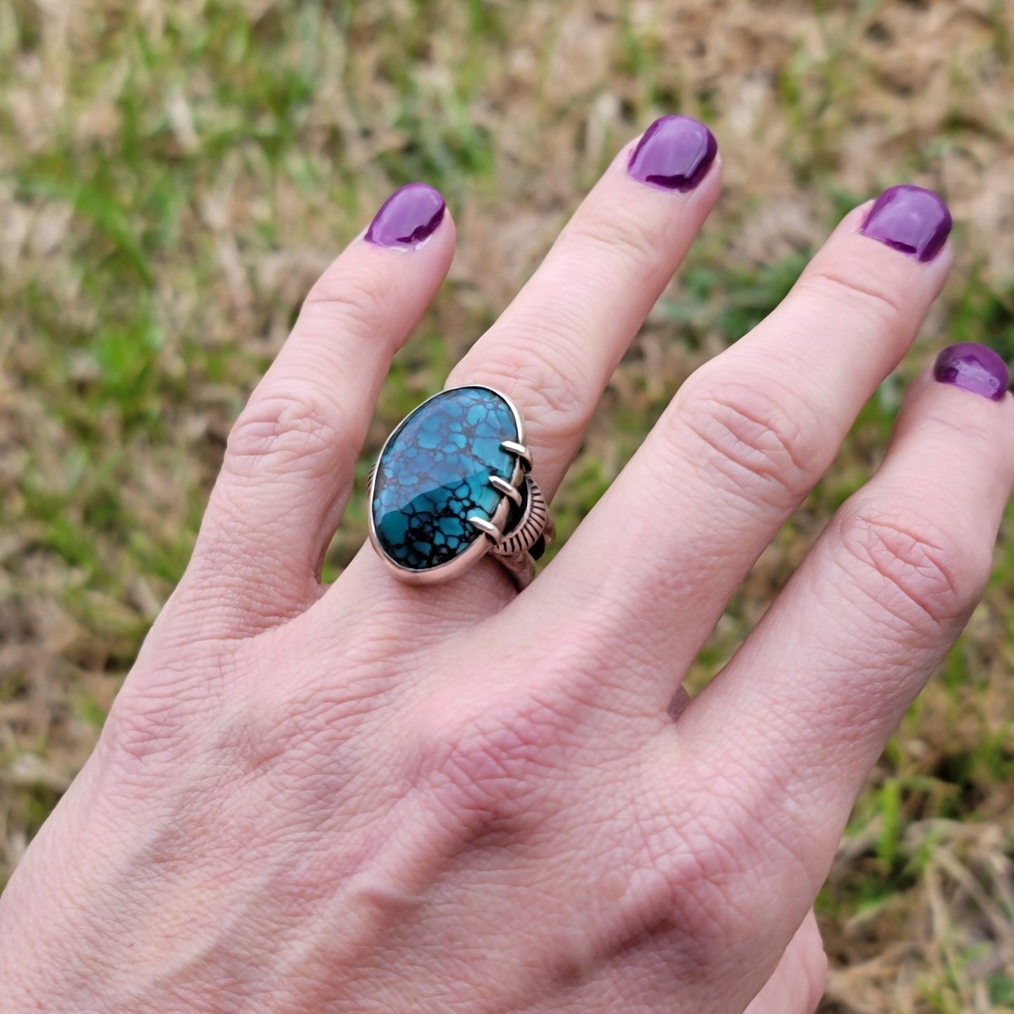 Sz. 6.25 Hubei Turquoise and Wide Double Stamped Band Ring