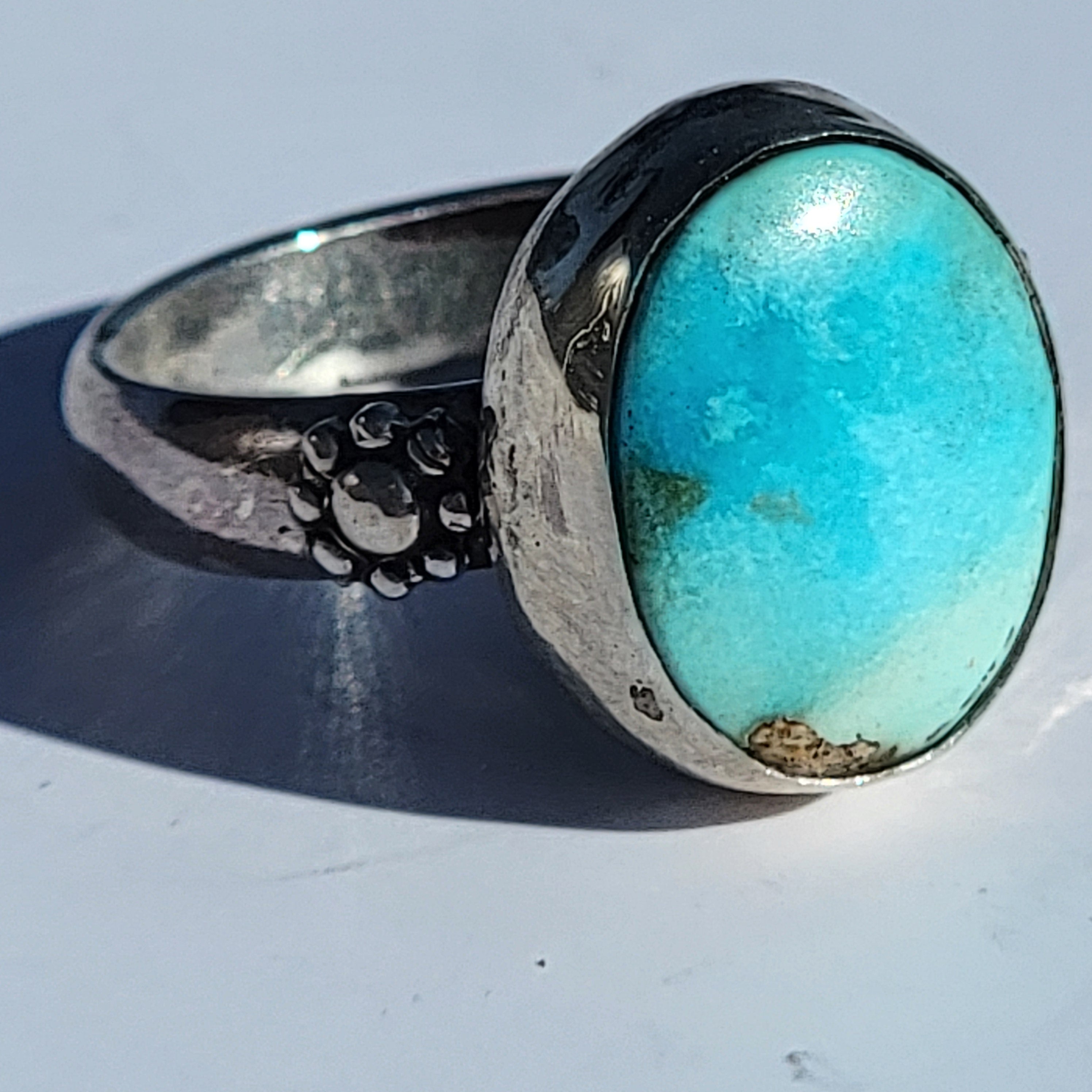 Sz. 5.25  Royston Turquoise and Stamped Details Sterling Ring