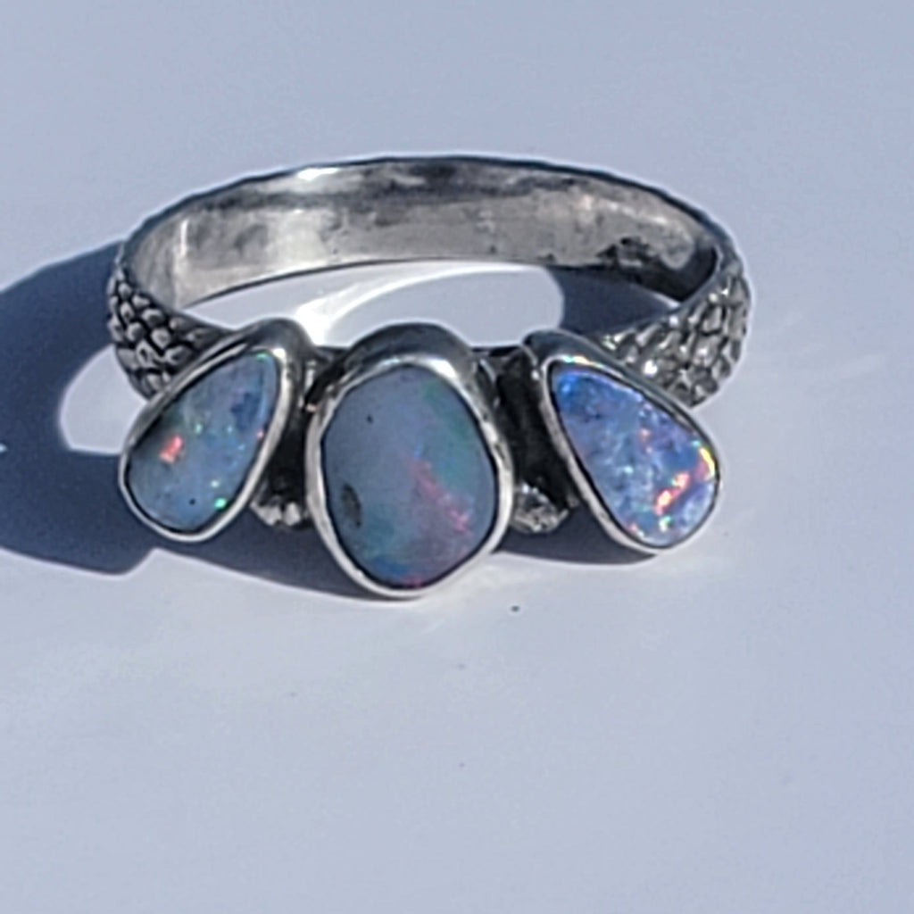 Sz 10.25 Australian Opal Triple Stone Crown Ring