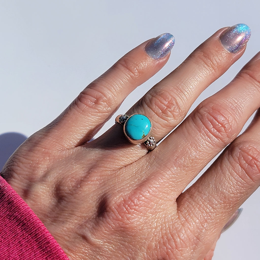 Sz. 5.75  Royston Turquoise and Stamped Details Sterling Ring