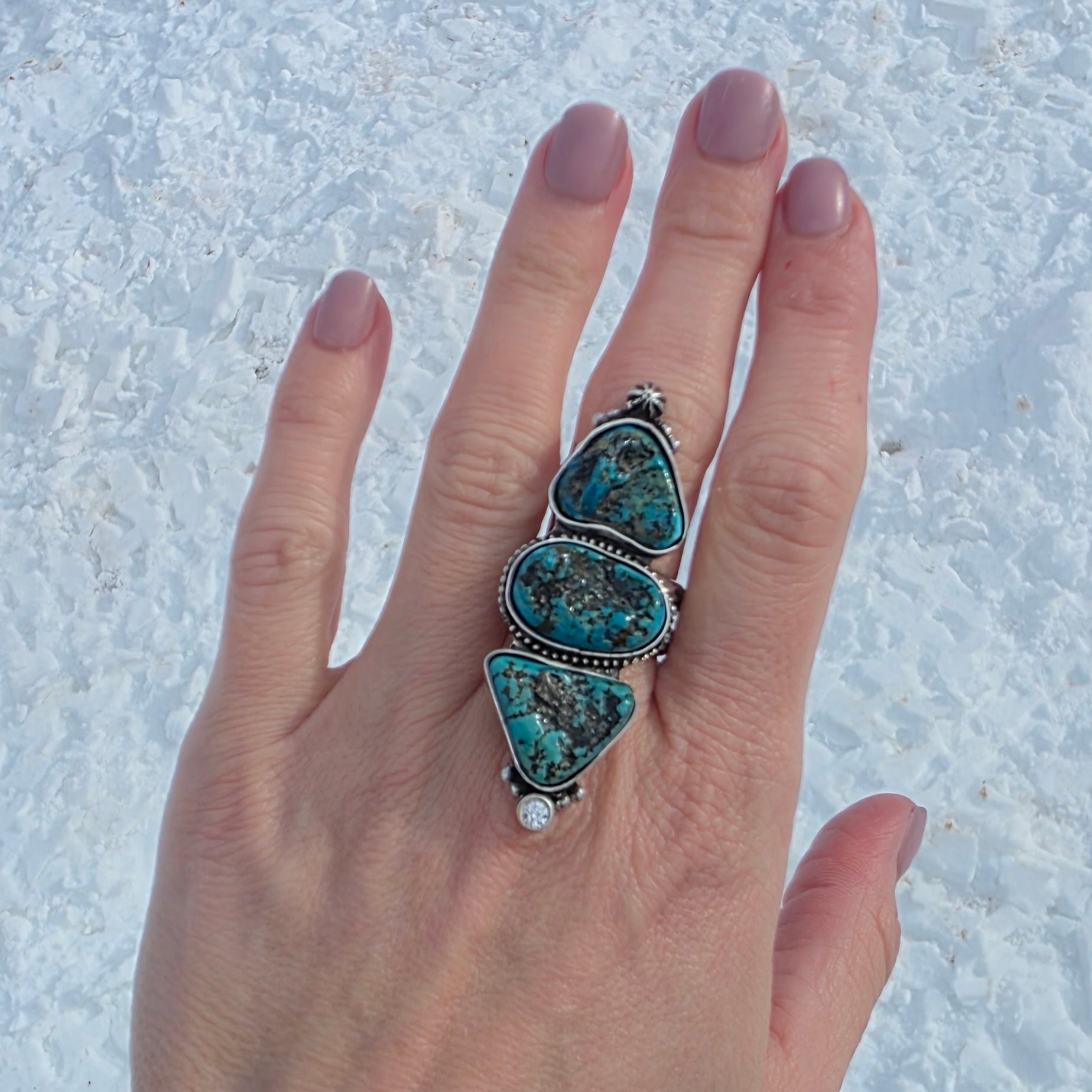 Turquoise Nugget, CZ  and Wide Double Stamped Band Ring