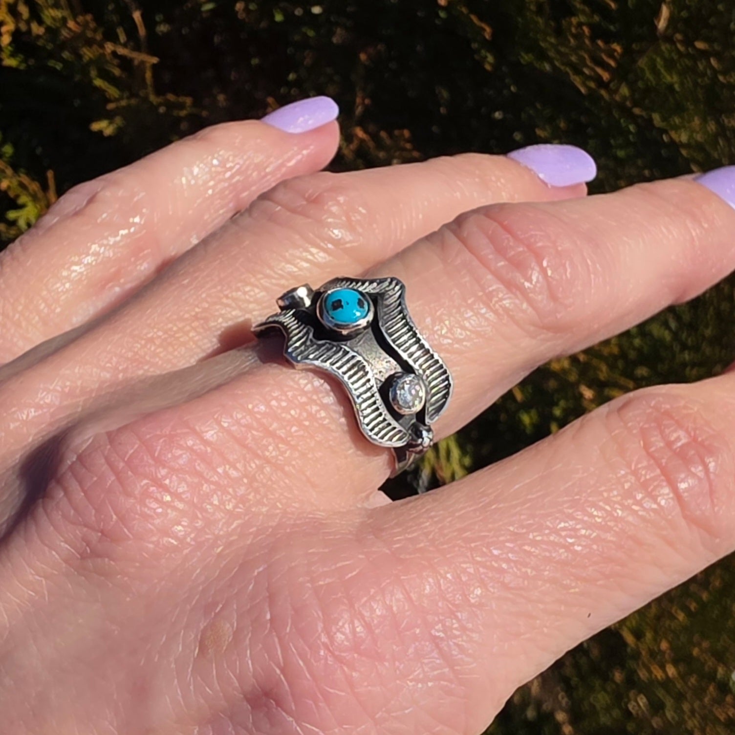 Turquoise Nugget, Diamond  and Stamped Sterling Ring Sz. 7.75