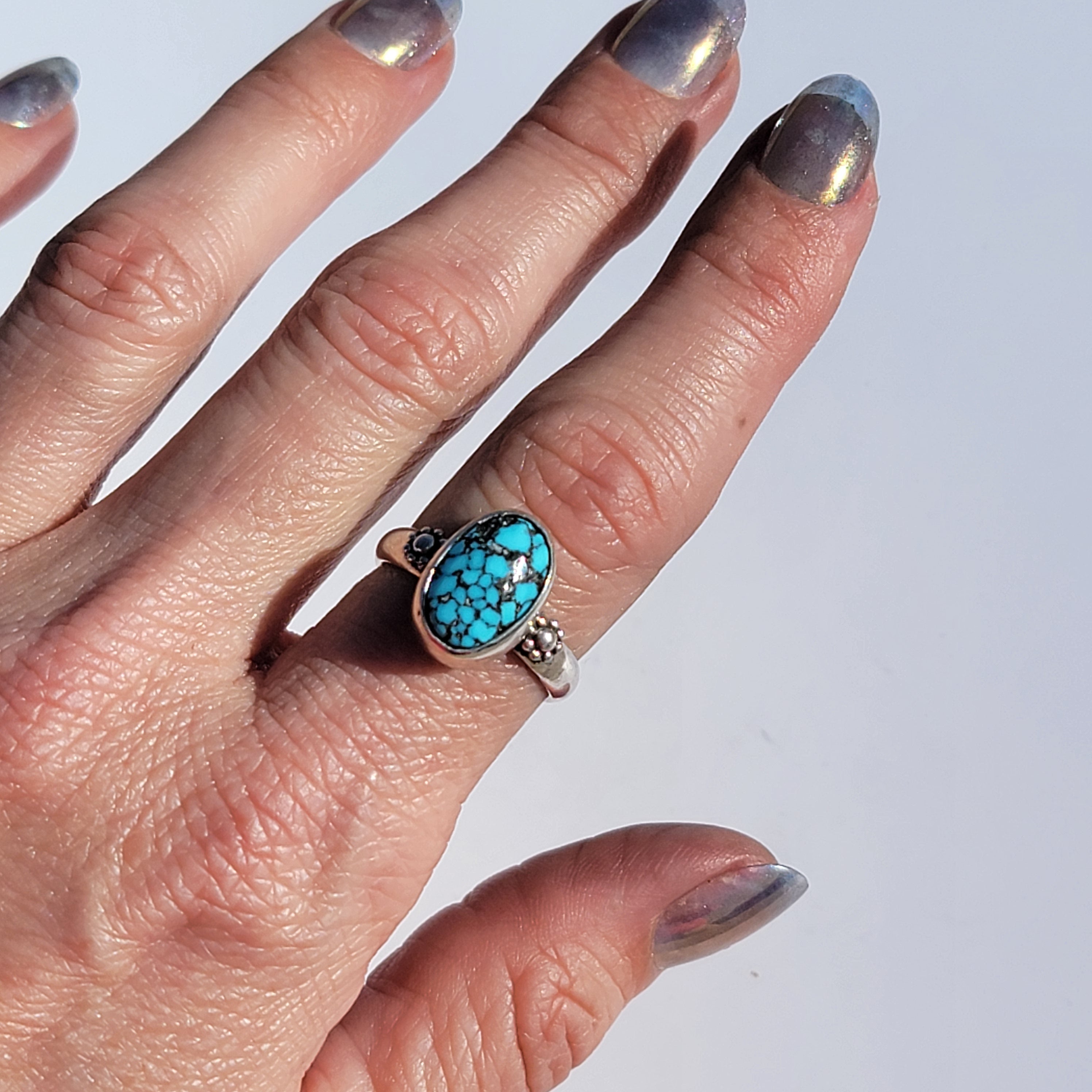 Sz. 8 Kingman Web Turquoise and Stamped Details Sterling Ring