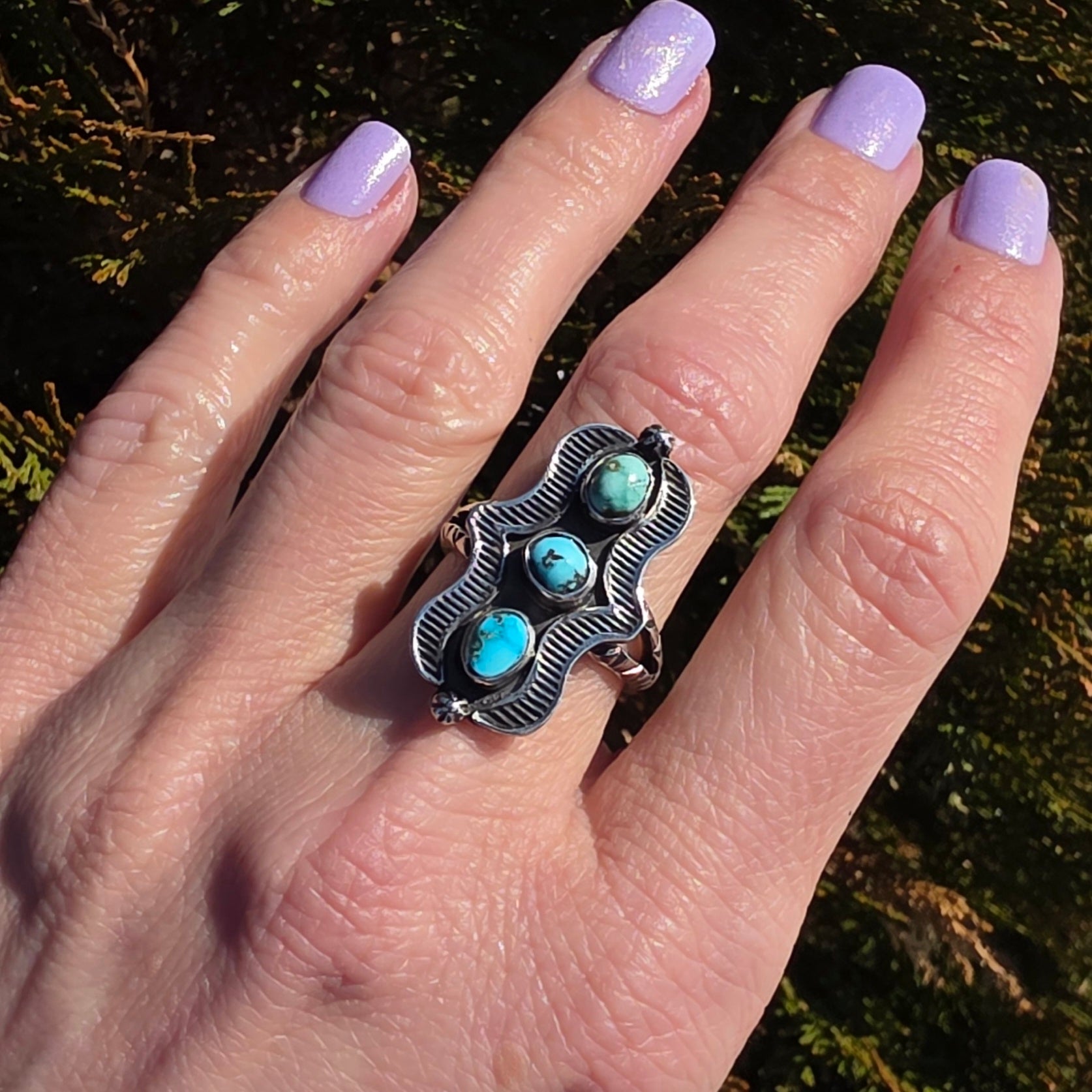 Stepping Stones Ring.     3-Stone Turquoise Nugget and Stamped Sterling Ring Sz 7.5