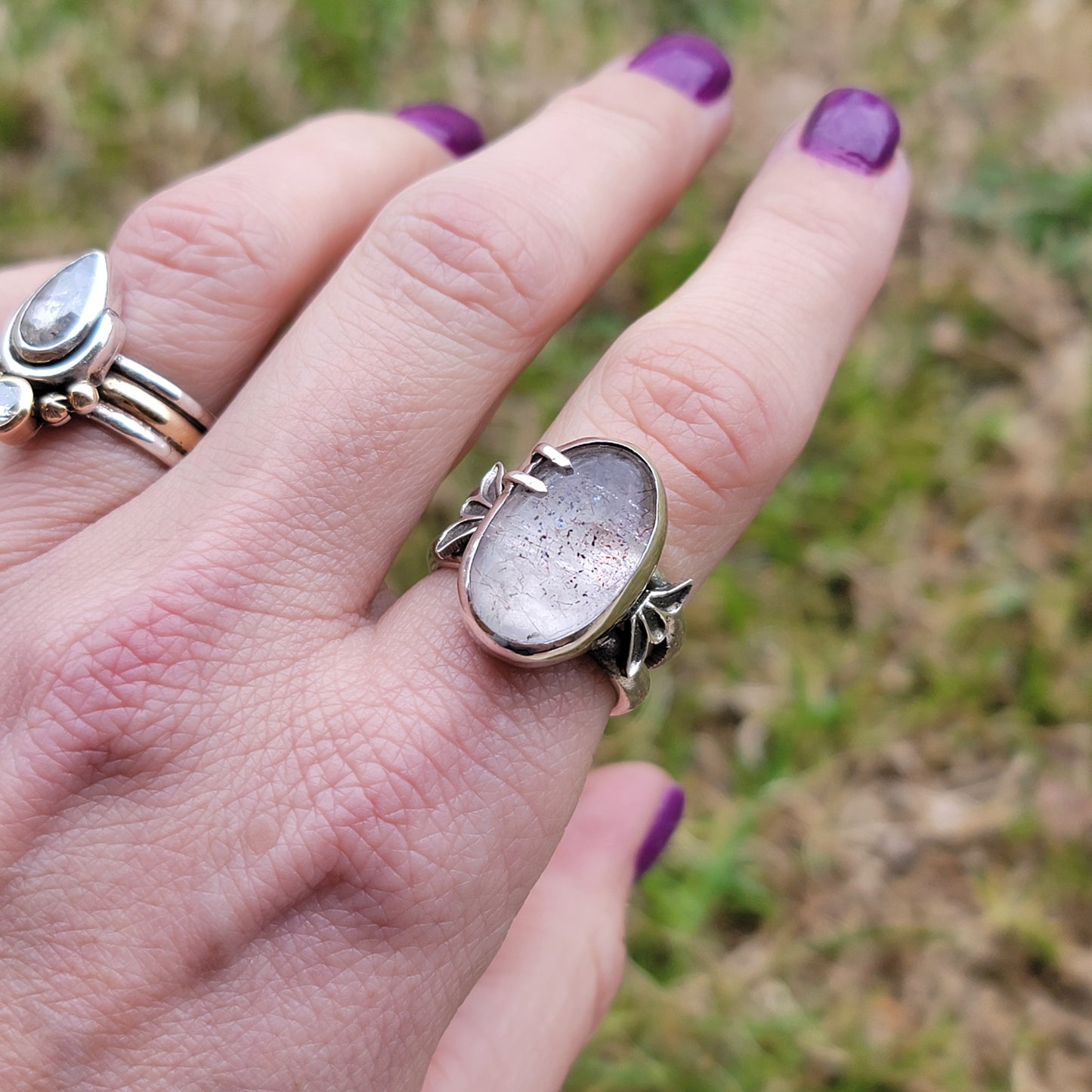 Sz. 8 Lepidolite in Quartz and Wide Double Stamped Band Ring