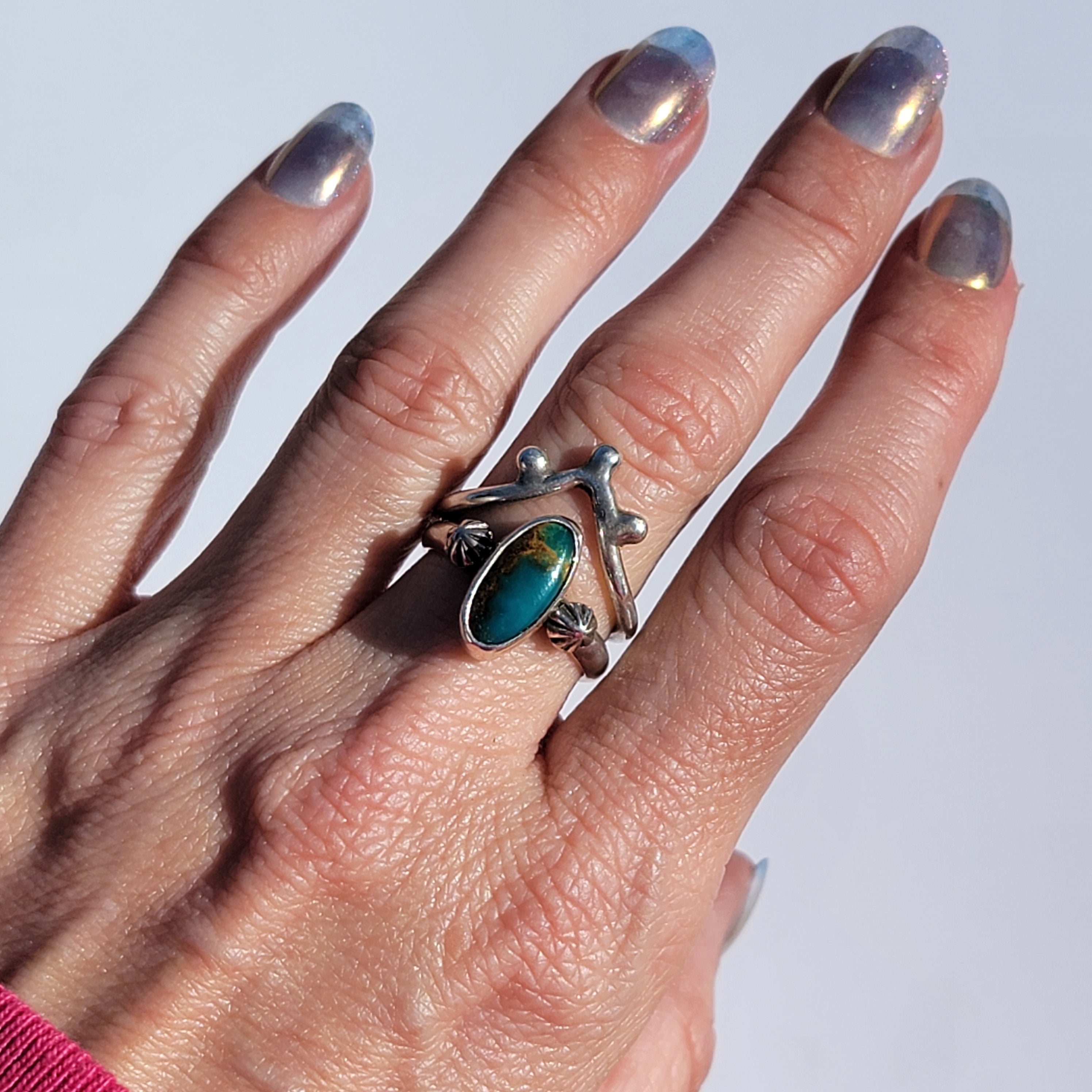 Sz. 8.25  Royston Turquoise and Stamped Details Sterling Ring