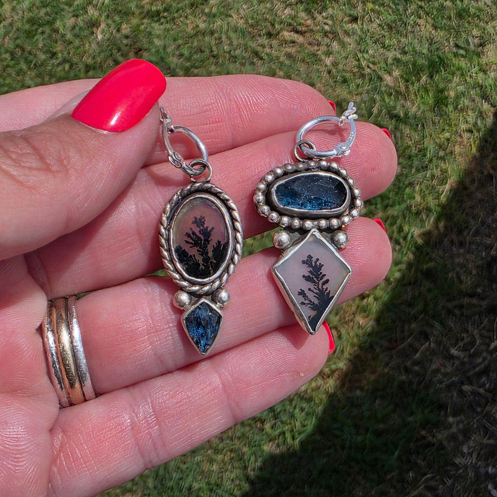 Dendritic Agate, Blue Kyanite, and Sterling Earrings