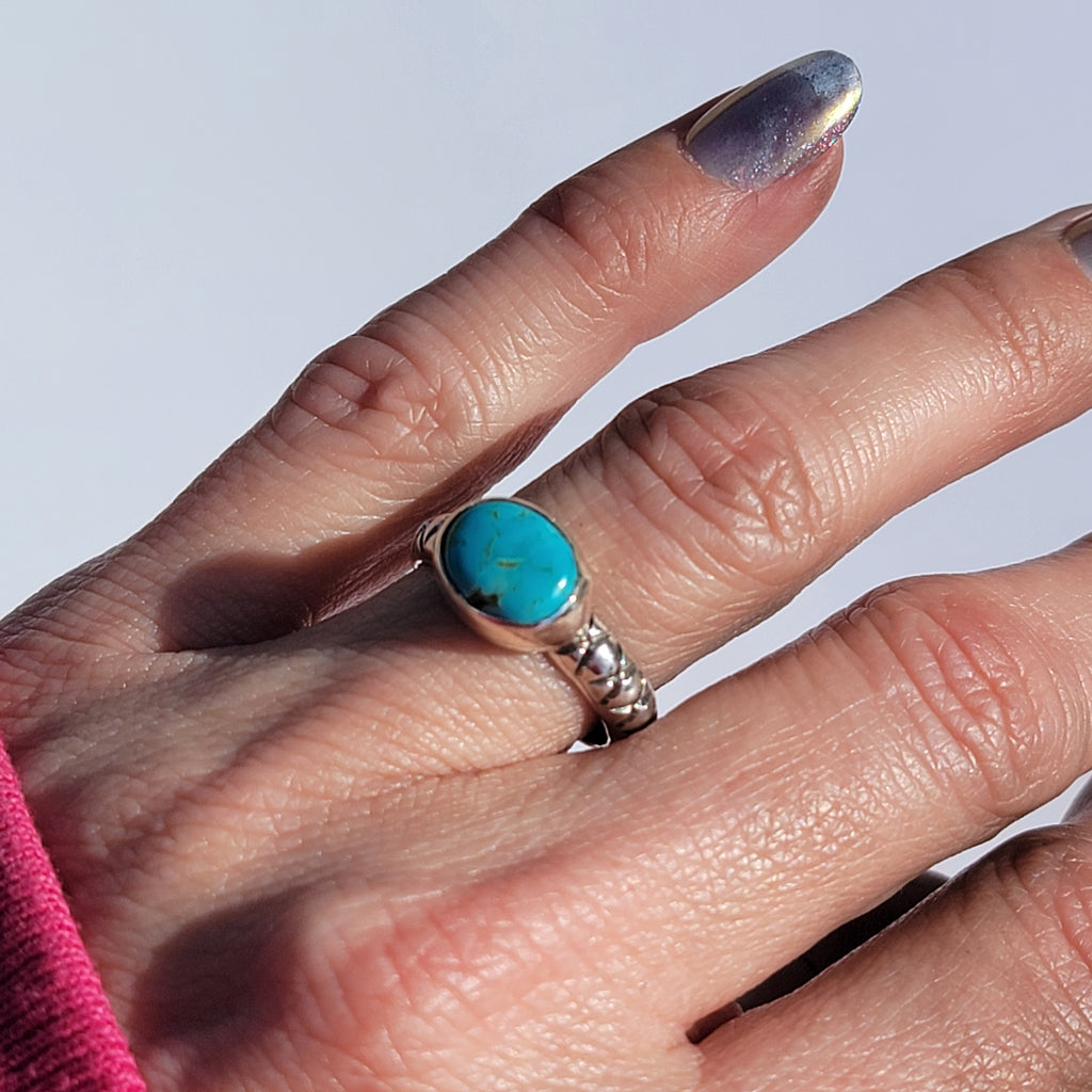 Sz. 6.5  Royston Turquoise and Stamped Details Sterling Ring