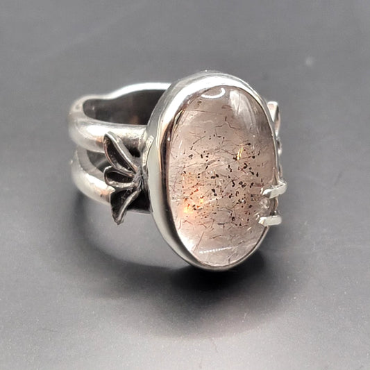 Sz. 8 Lepidolite in Quartz and Wide Double Stamped Band Ring