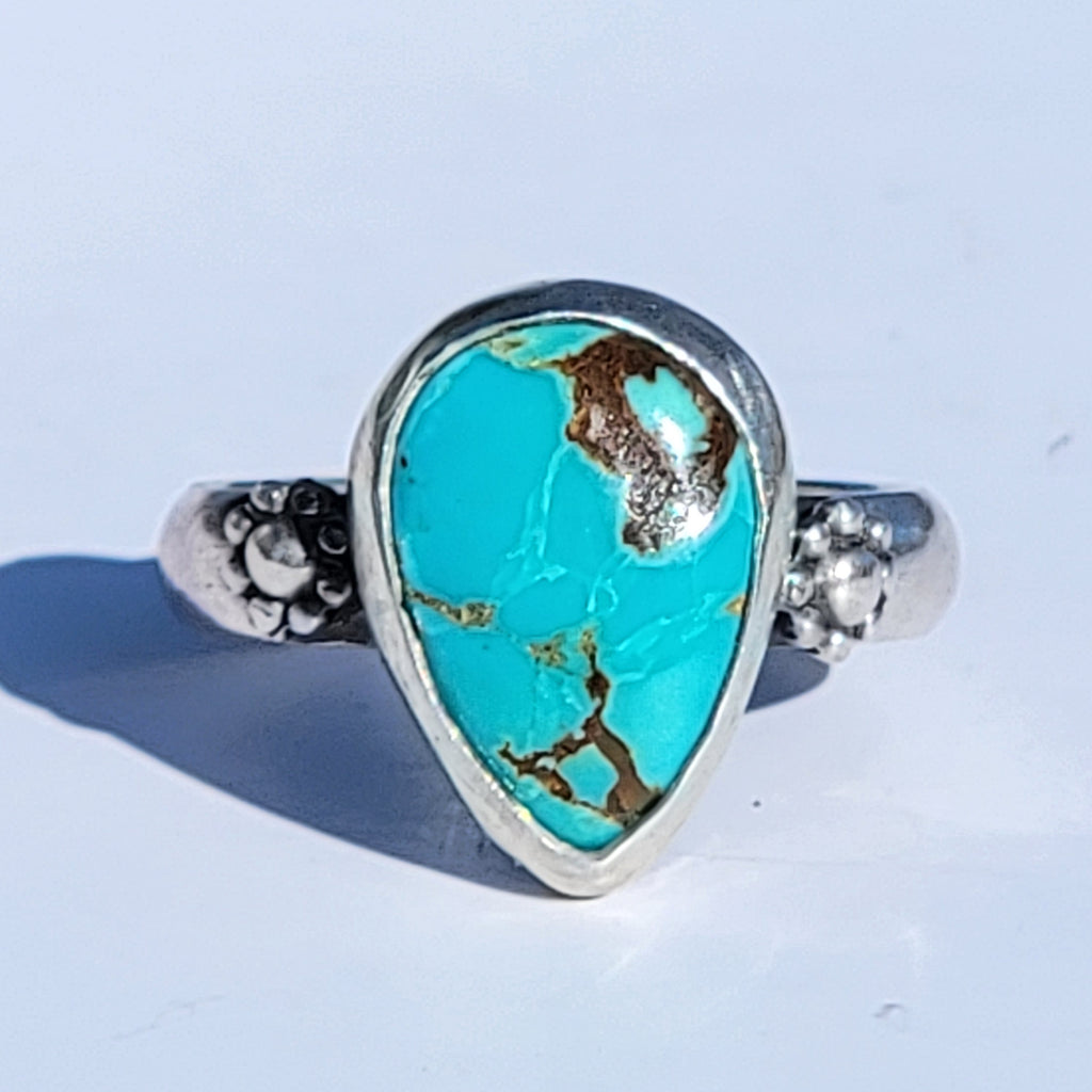 Sz. 6.5 Royston Turquoise and Stamped Details Sterling Ring