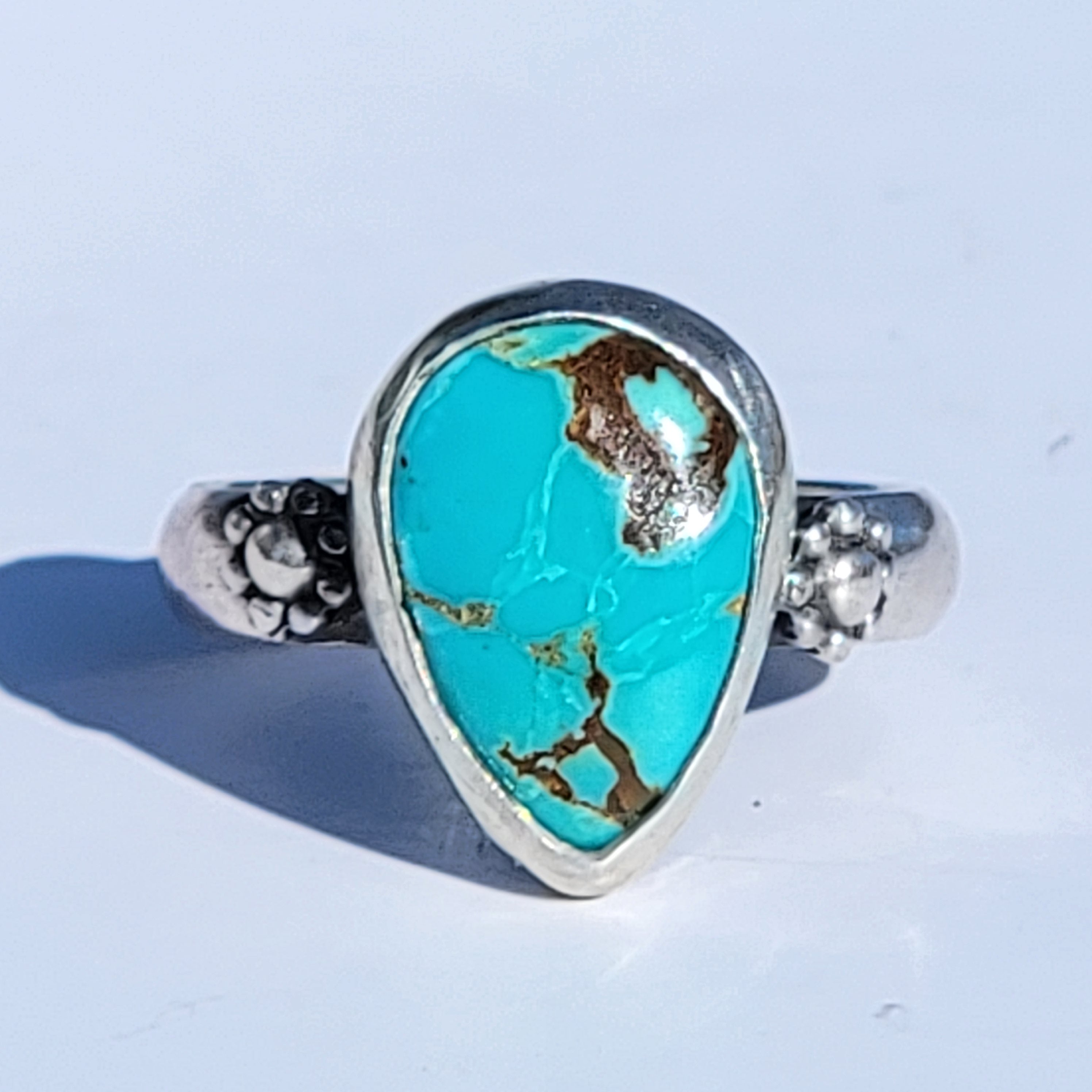 Sz. 6.5 Royston Turquoise and Stamped Details Sterling Ring