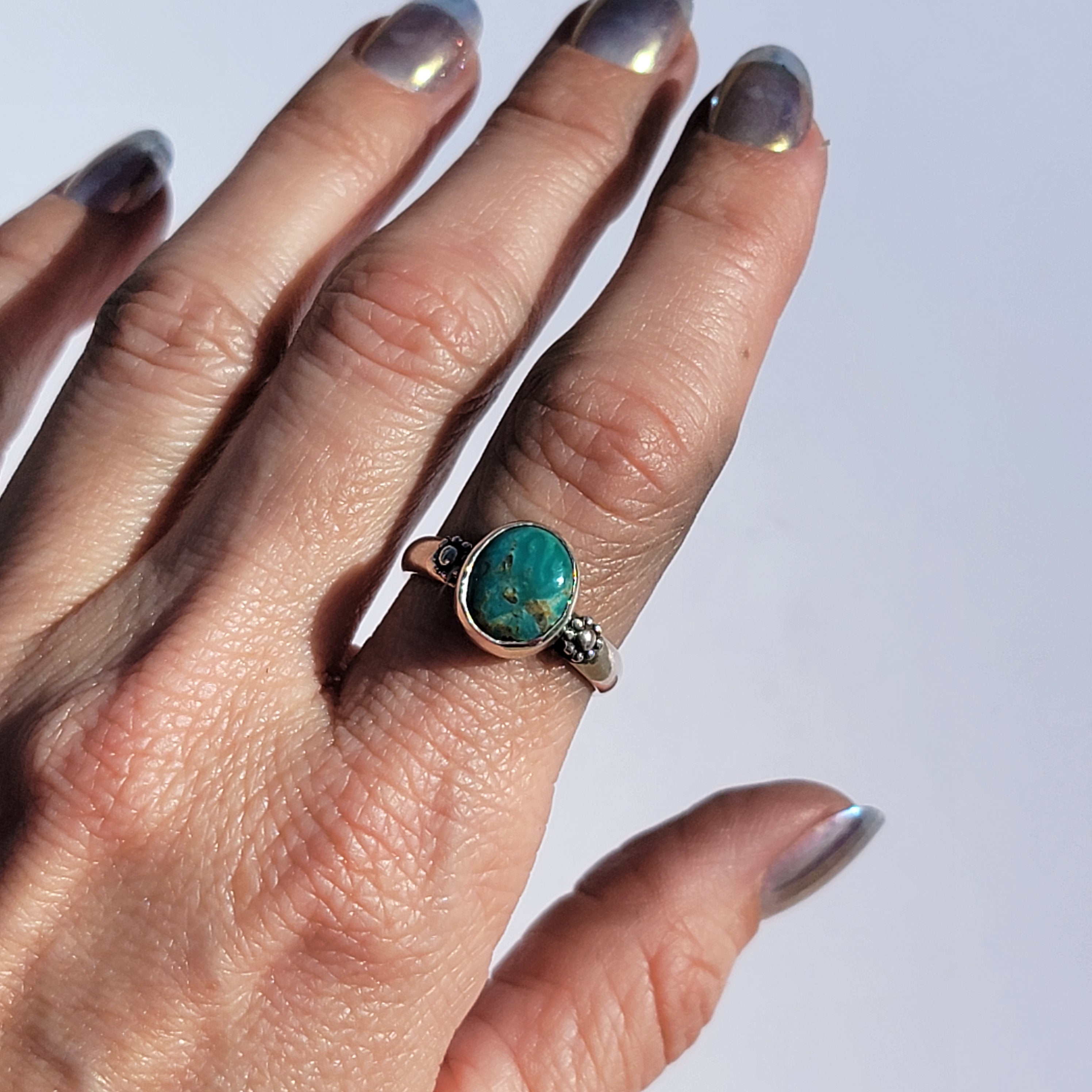 Sz. 9 Royston Turquoise and Stamped Details Sterling Ring