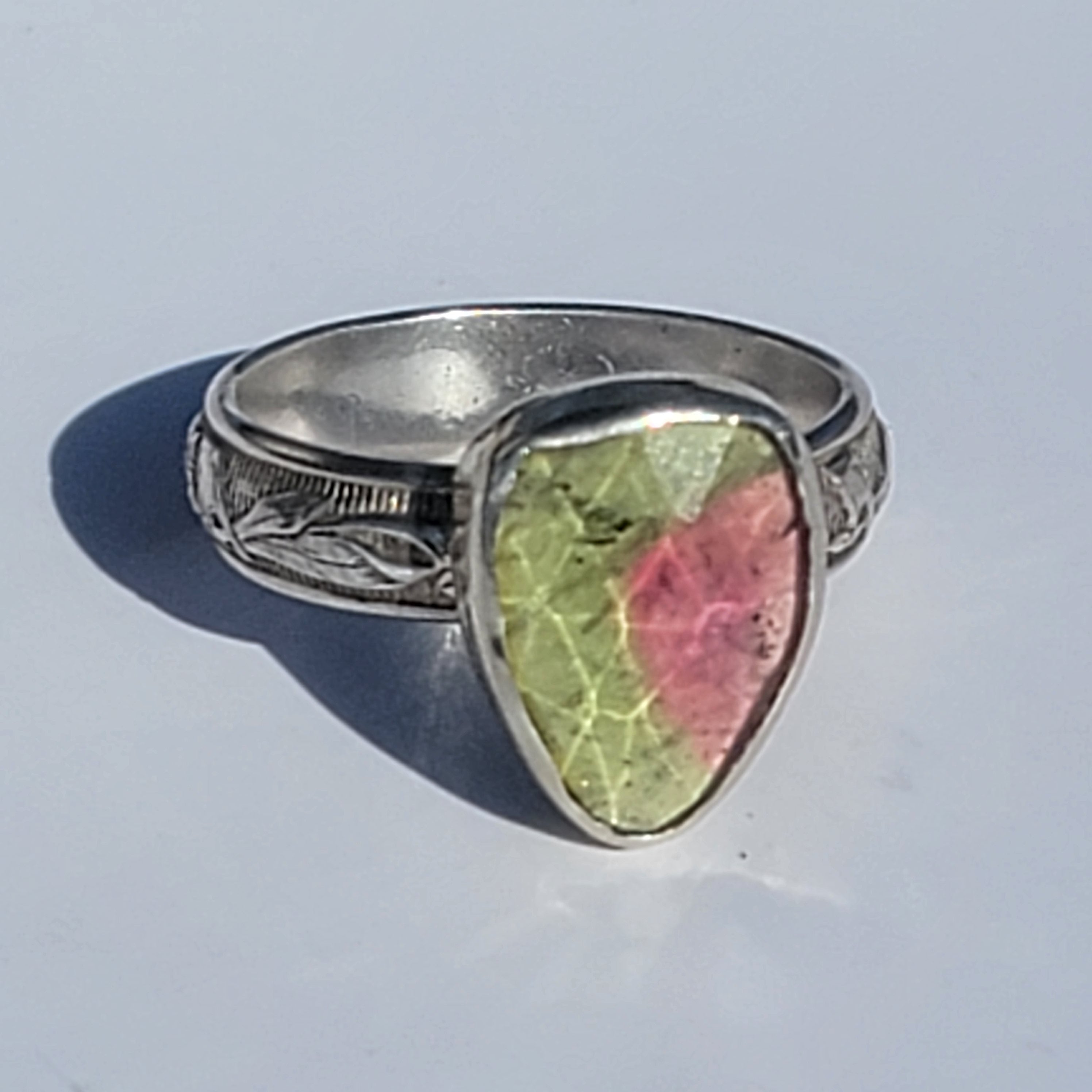 Sz. 8 Watermelon Tourmaline Ring with floral band