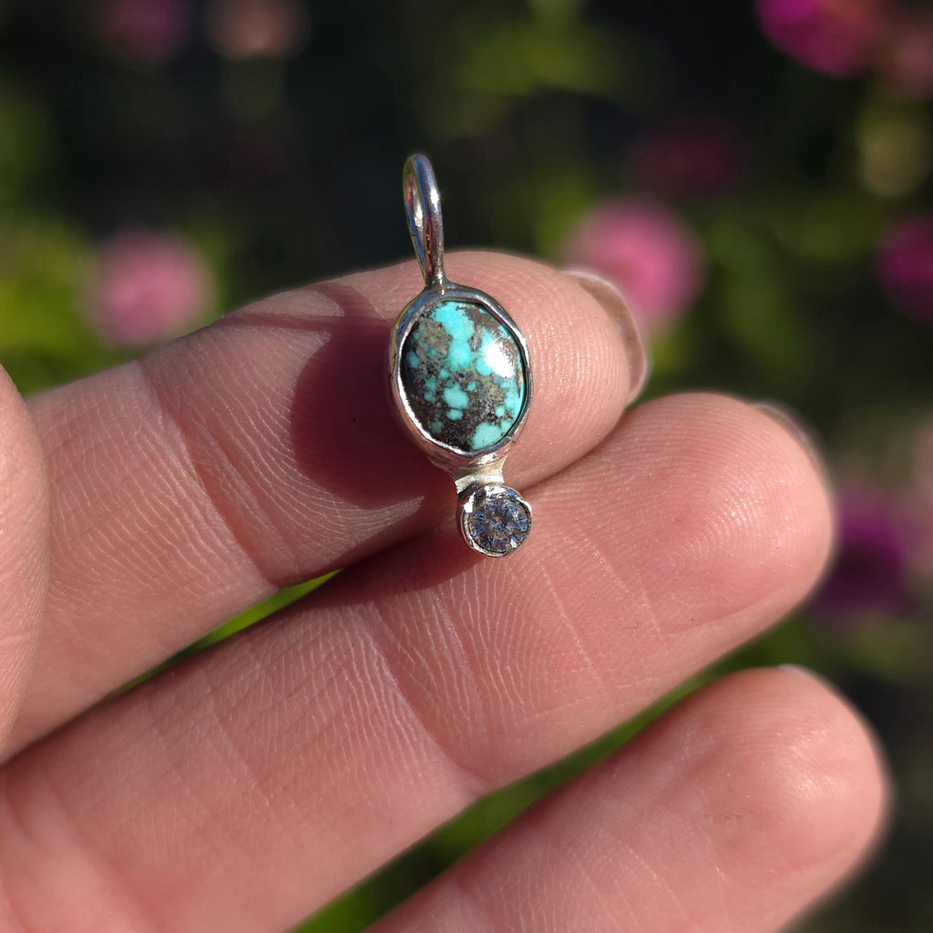 #1 Kingman Black Web Tiny Turquoise and CZ Pendant