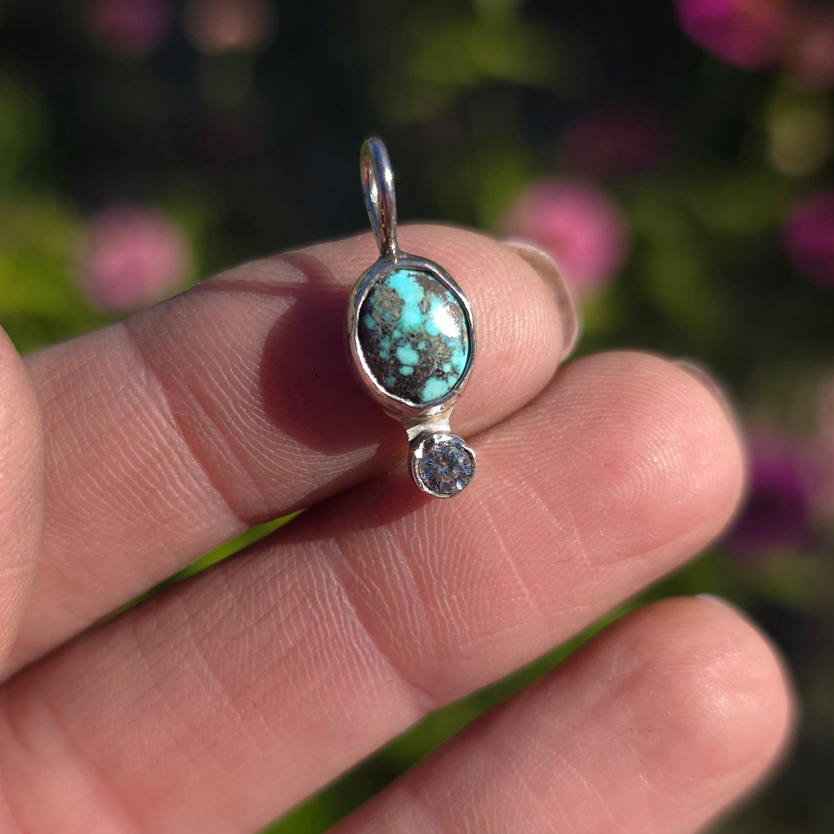 #1 Kingman Black Web Tiny Turquoise and CZ Pendant