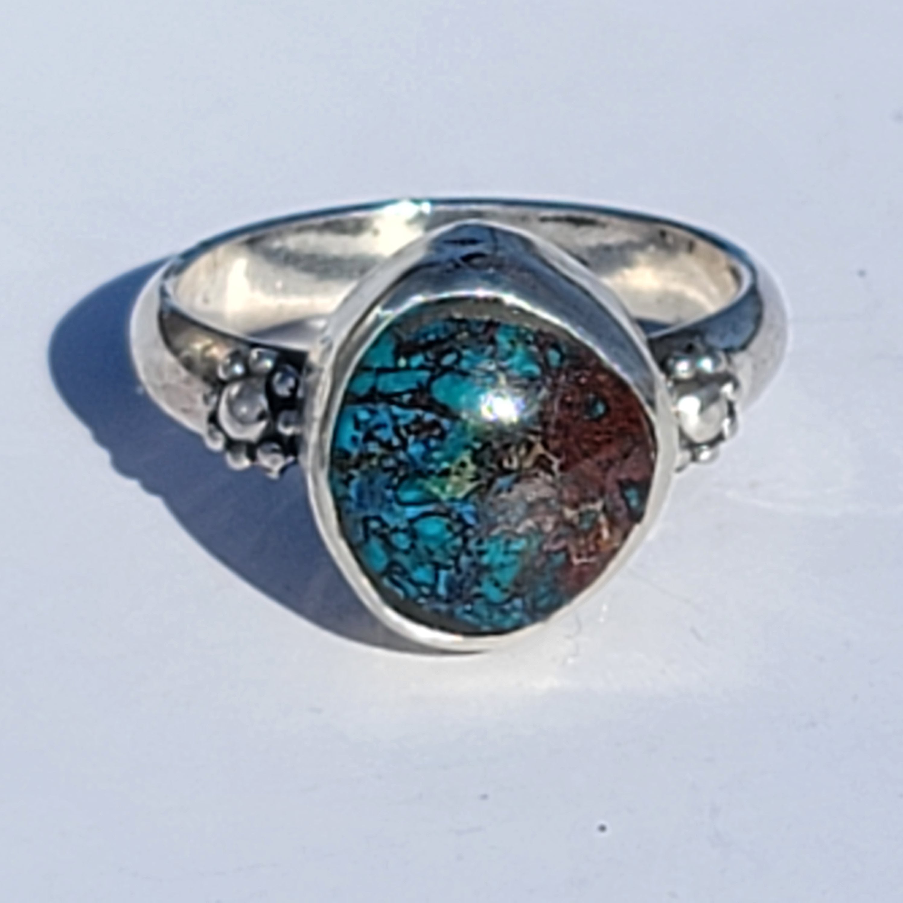 Sz. 8.75 Bisbee Turquoise and Stamped Details Sterling Ring