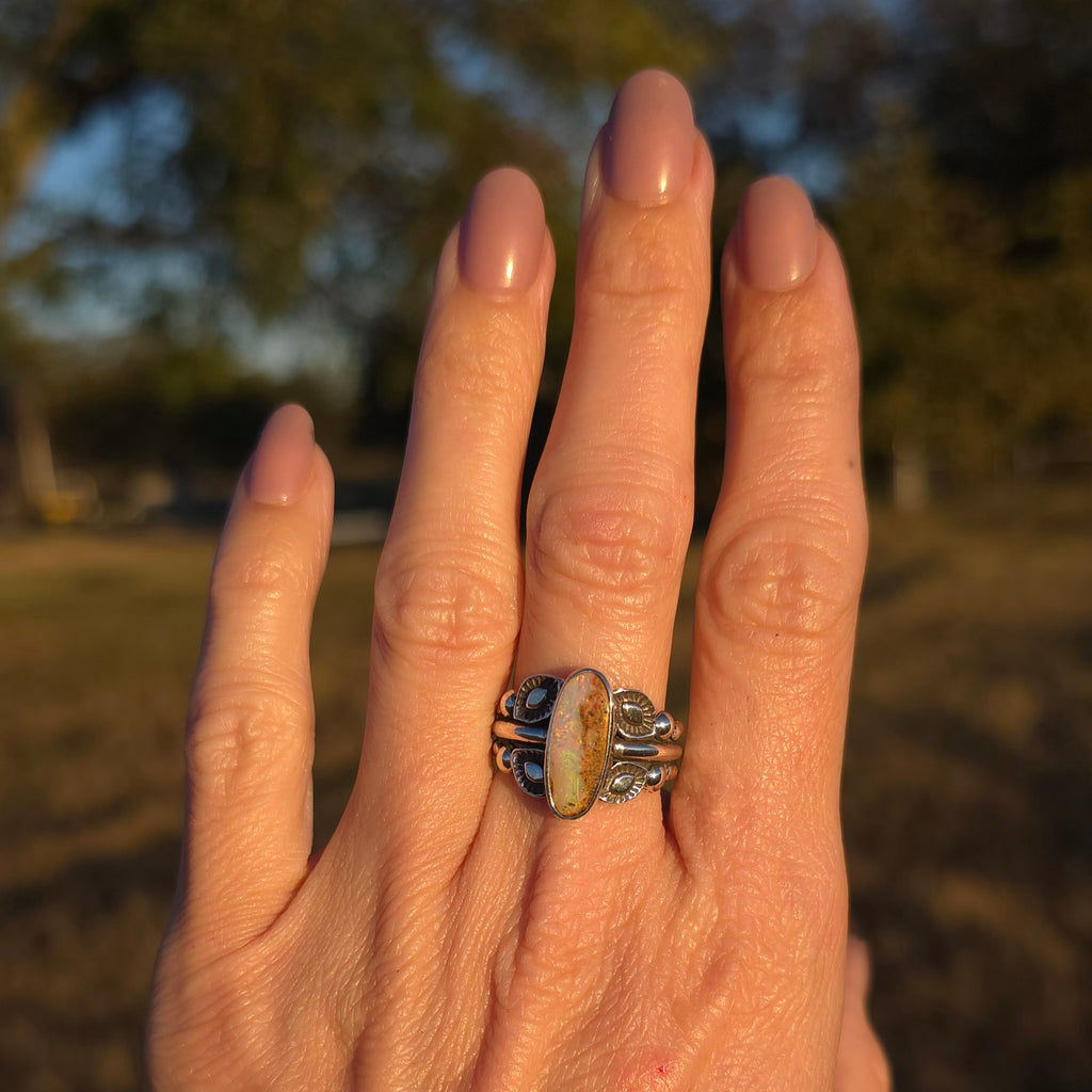Sz. 7.5 Australian Opal Ring with Unique Handmade Stamped Band