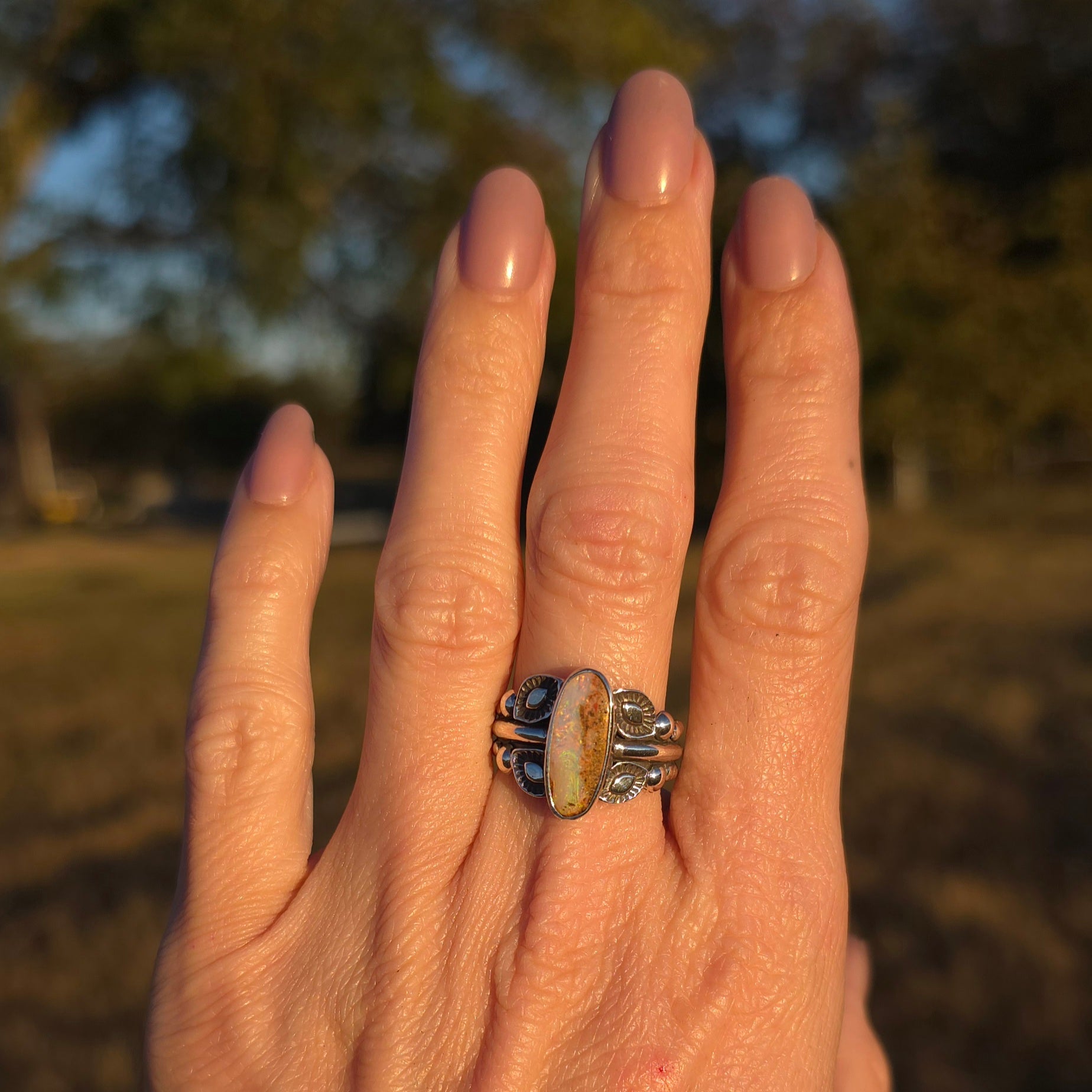 Sz. 7.5 Australian Opal Ring with Unique Handmade Stamped Band