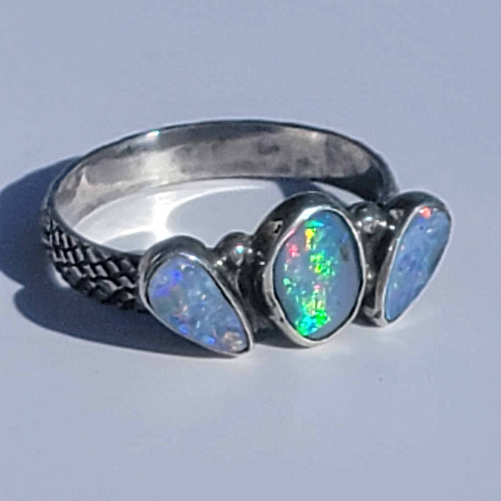 Sz 10.25 Australian Opal Triple Stone Crown Ring