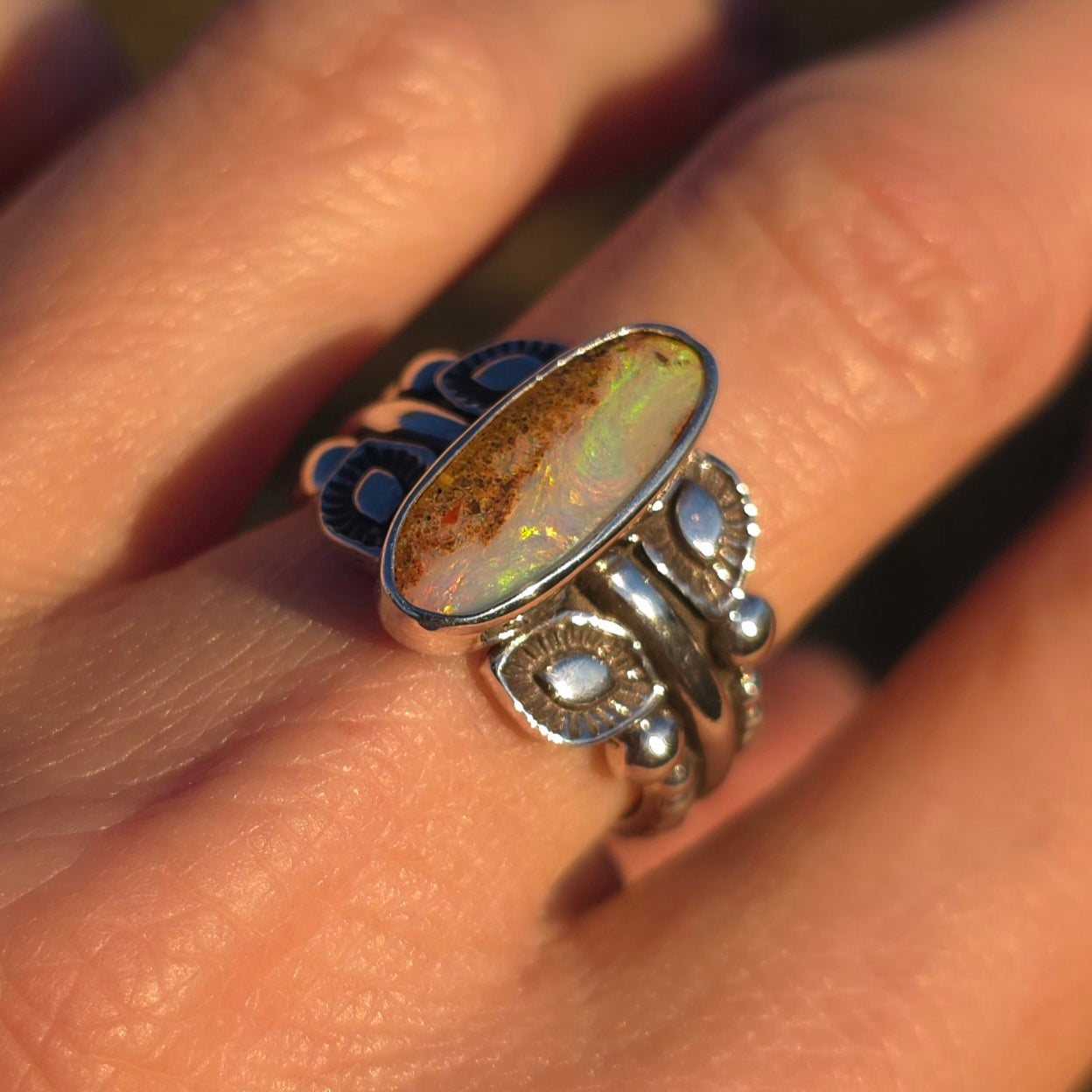 Sz. 7.5 Australian Opal Ring with Unique Handmade Stamped Band