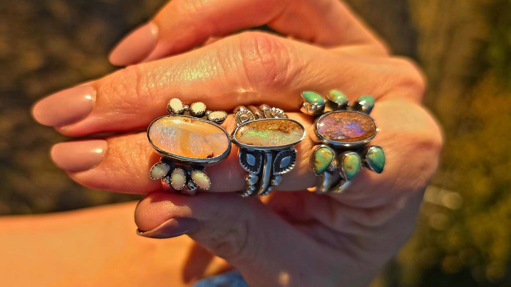 Sz. 7.5 Australian Opal Ring with Unique Handmade Stamped Band