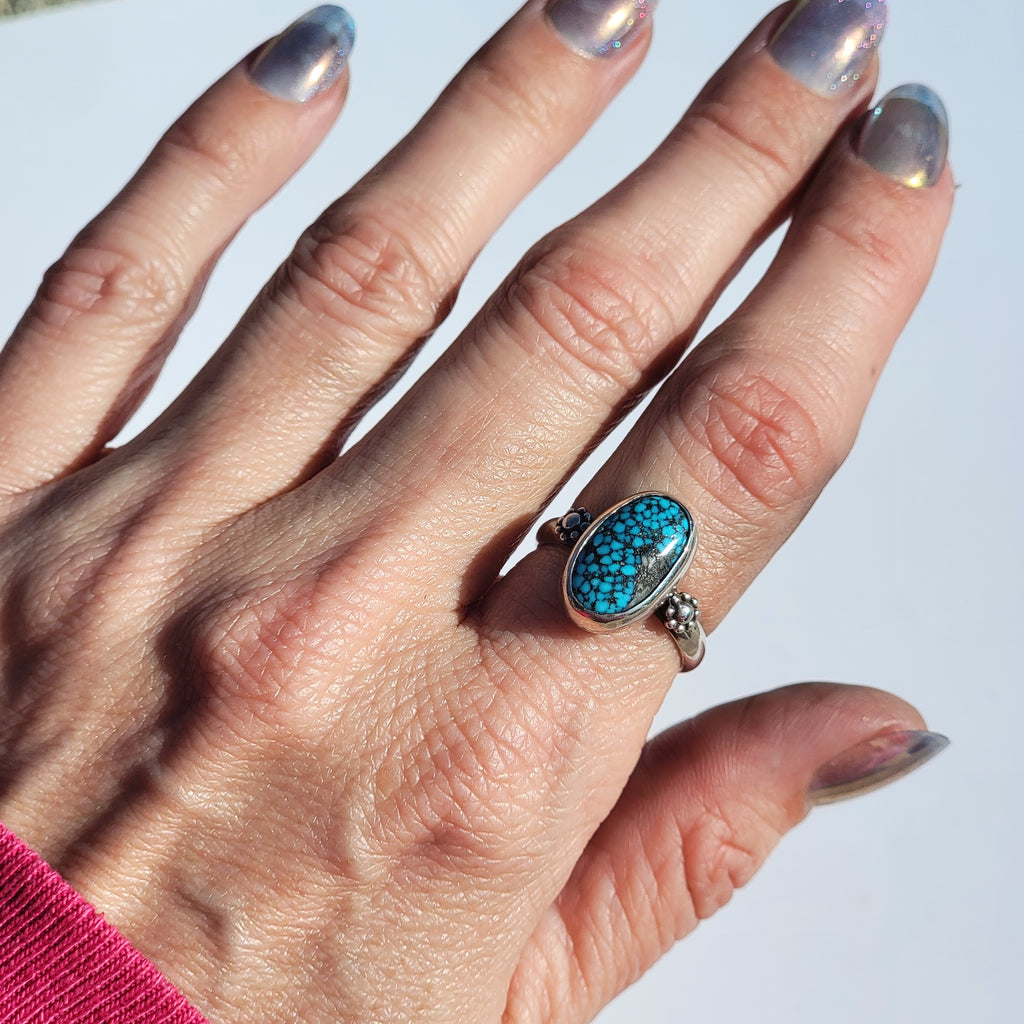 Sz. 7 Kingman Web Turquoise and Stamped Details Sterling Ring