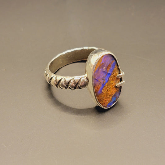 Sz. 8 Australian Boulder Opal and Stamped Band Ring