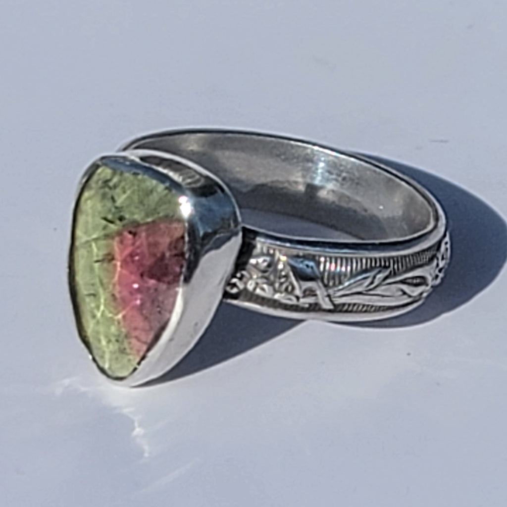 Sz. 8 Watermelon Tourmaline Ring with floral band