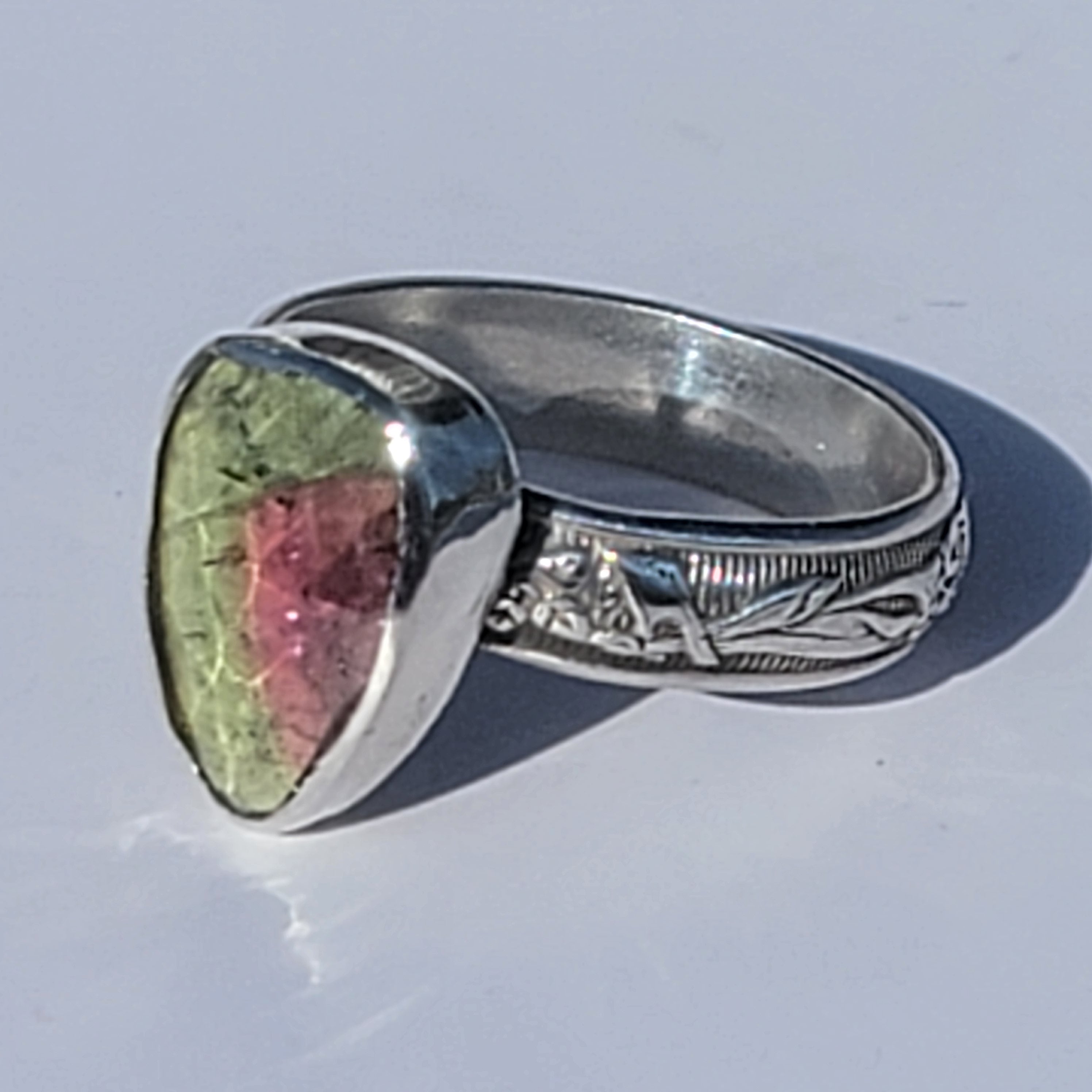 Sz. 8 Watermelon Tourmaline Ring with floral band