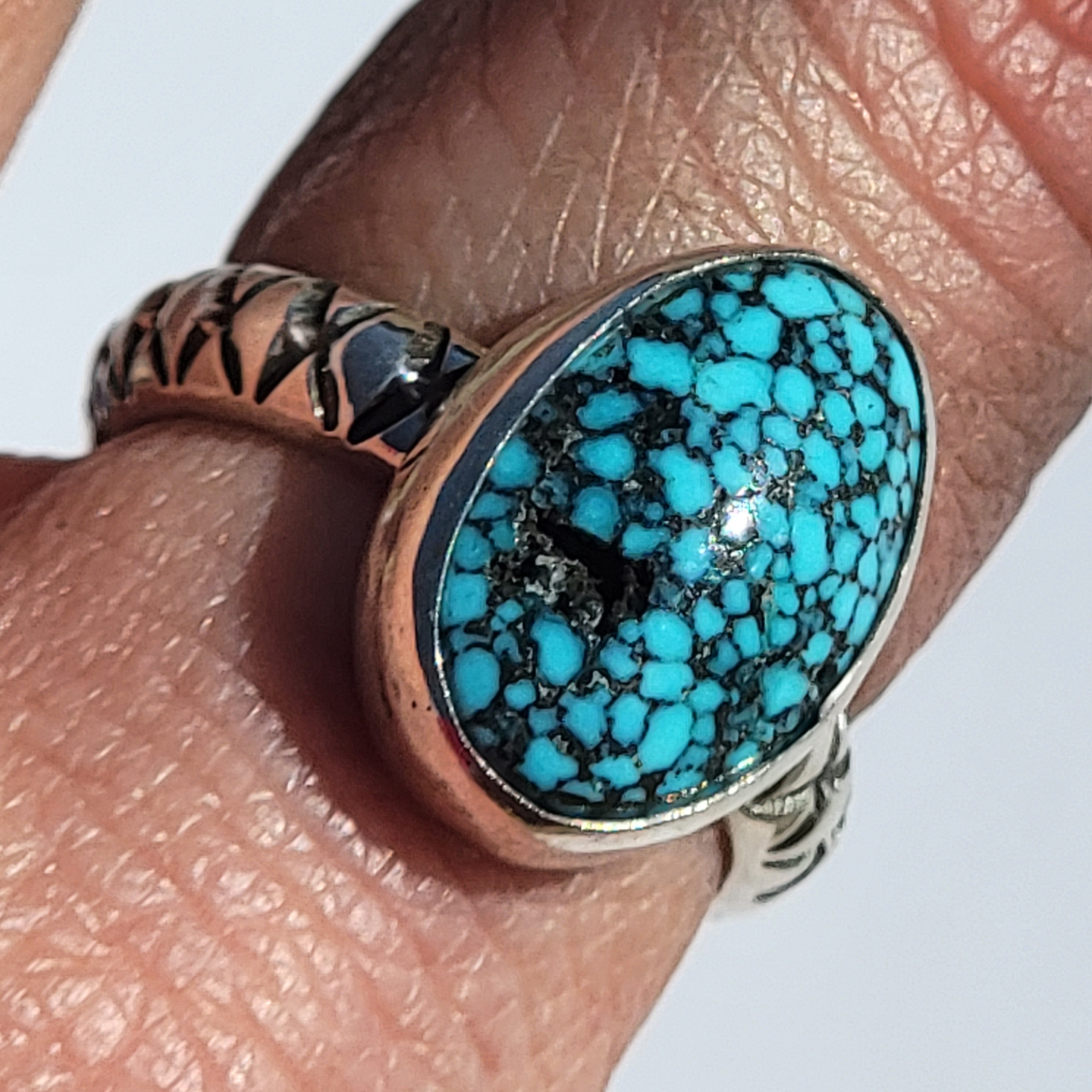 Sz. 7  Kingman Black Web Turquoise and Stamped Details Sterling Ring