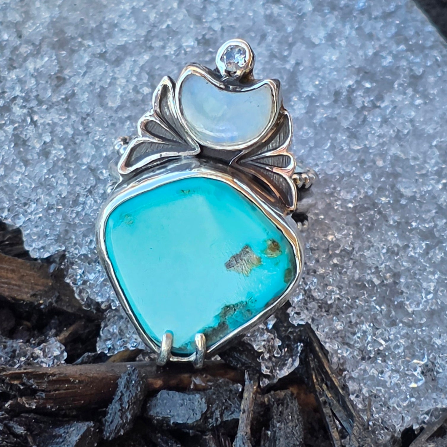 Turquoise,  moonstone, cubic zirconia and Stamped Sterling Ring Sz 7.5
