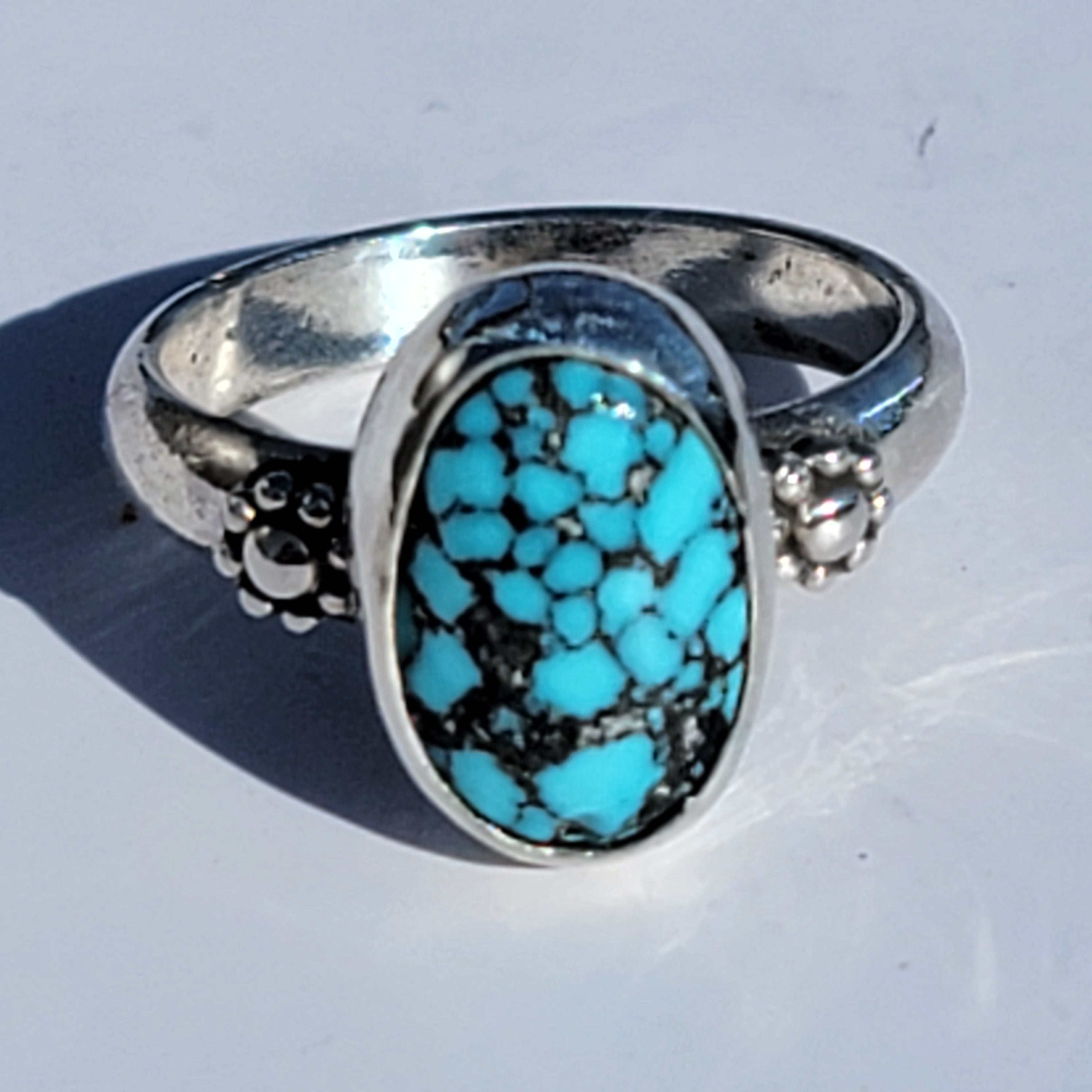 Sz. 8 Kingman Web Turquoise and Stamped Details Sterling Ring