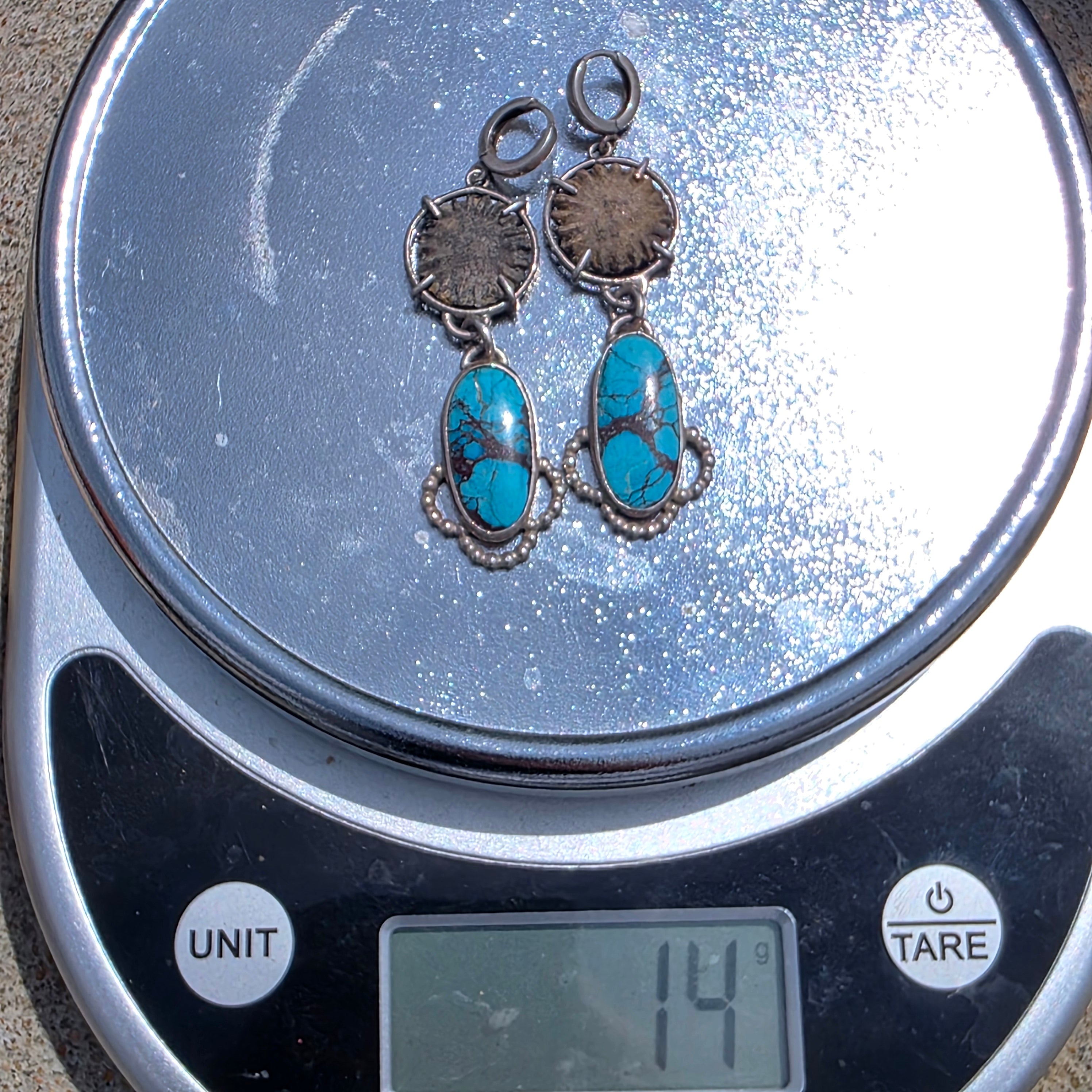 Turquoise and Fossil Sterling Dangle Earrings